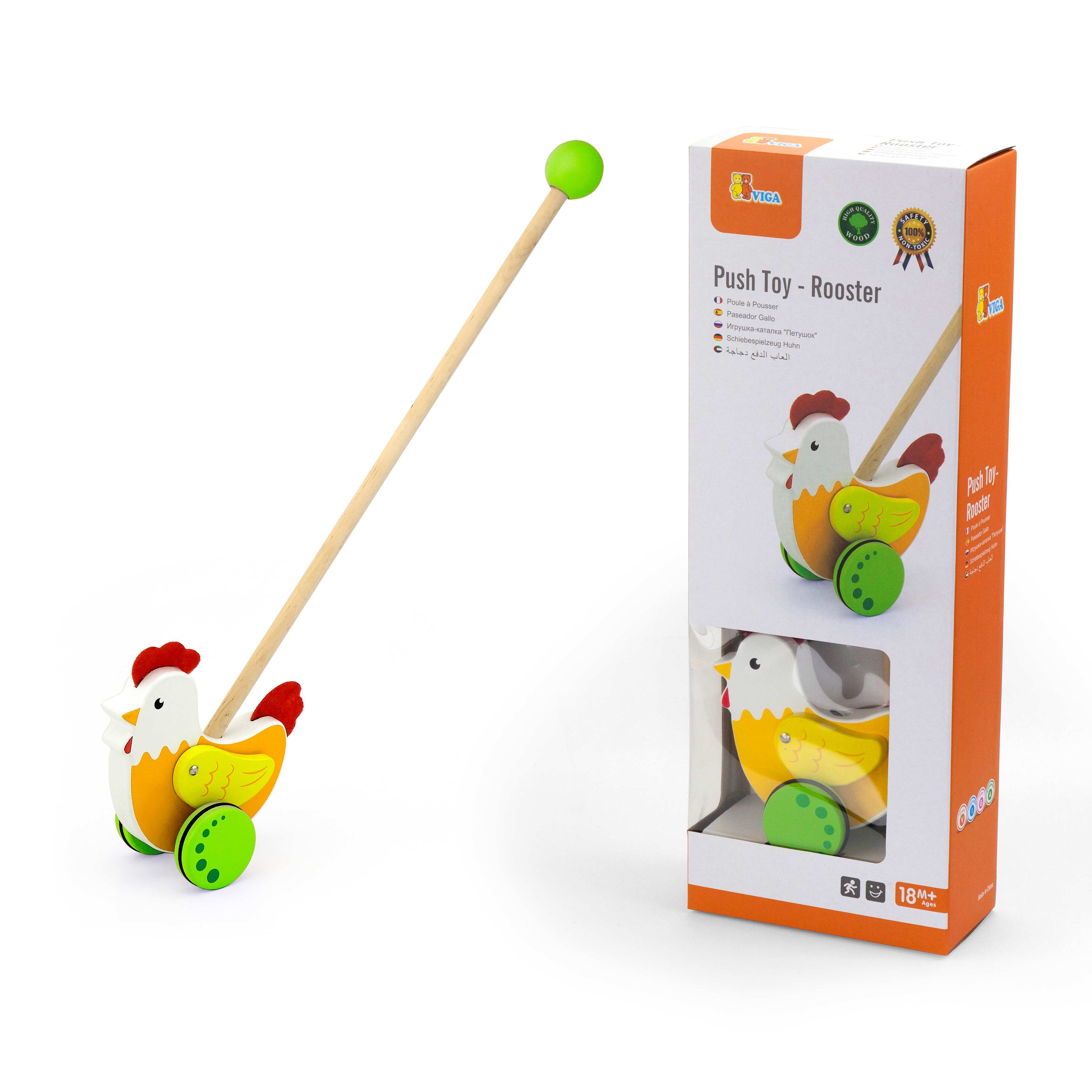 Viga Wooden Rooster Push-Along Toy - Rhythmic Walking Toy with Flapping Wings