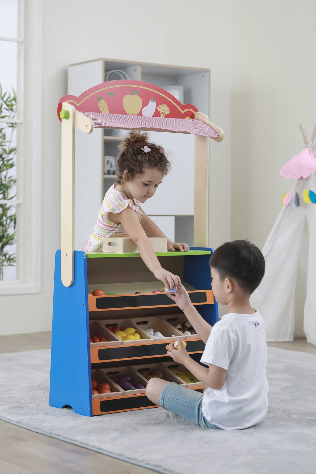 Viga Deluxe 2-in-1 Reversible Puppet Theater & Grocery Store - Large Montessori Role Play Center