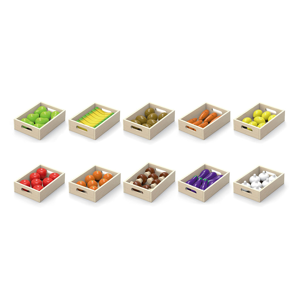 Viga 70-Piece Wooden Fruit & Vegetable Set - 10-Box Bulk Montessori Market Kit
