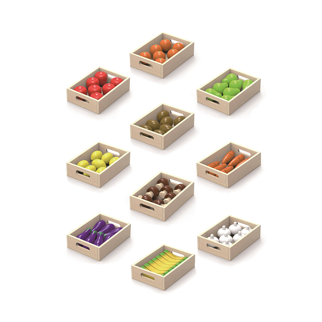 Viga 70-Piece Wooden Fruit & Vegetable Set - 10-Box Bulk Montessori Market Kit