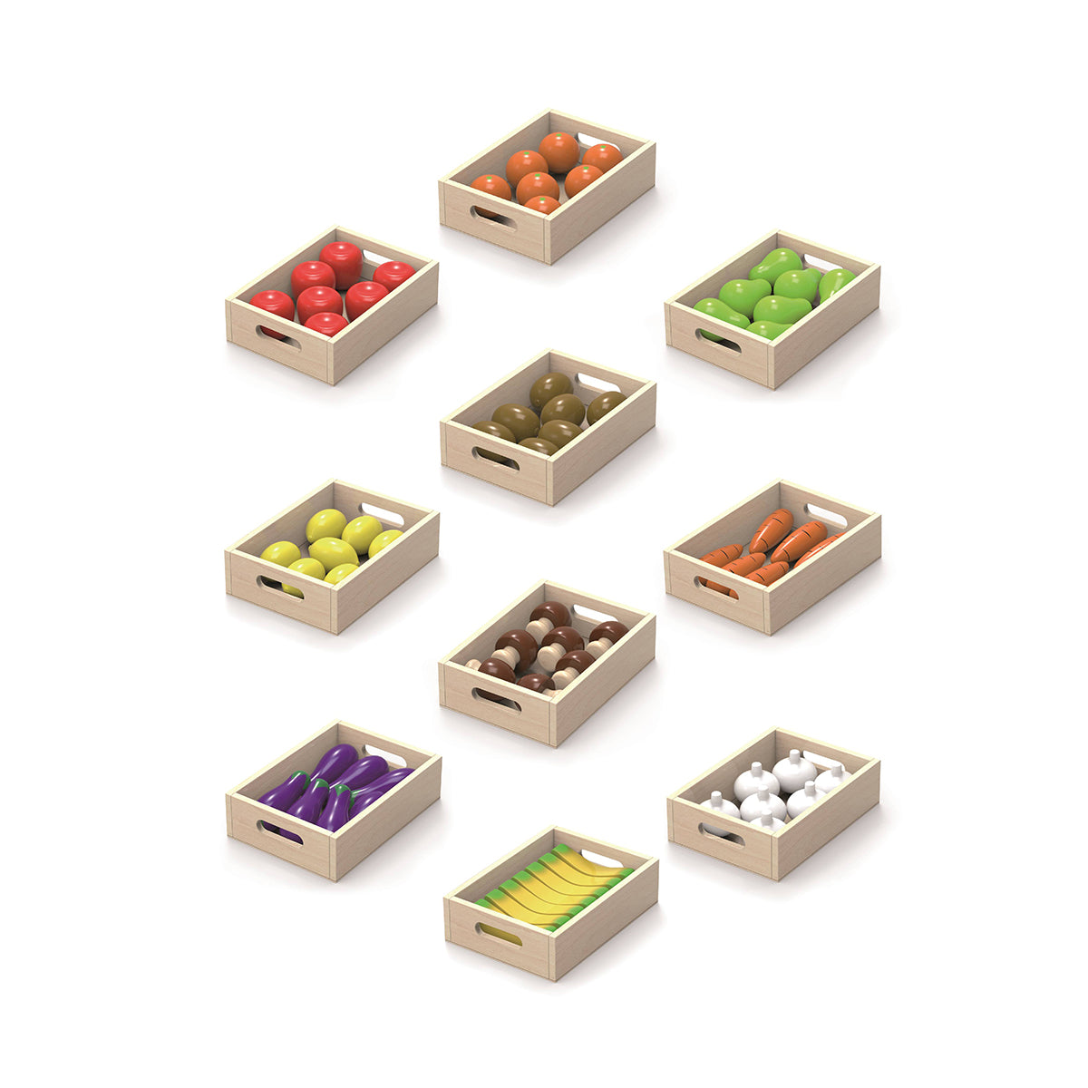 Viga 70-Piece Wooden Fruit & Vegetable Set - 10-Box Bulk Montessori Market Kit
