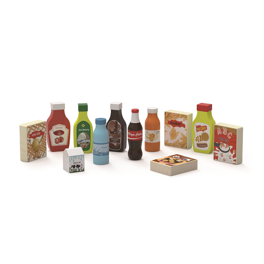 Viga Wooden Drinks & Snacks Pantry Set - 10-Piece Montessori Market Simulation Toy