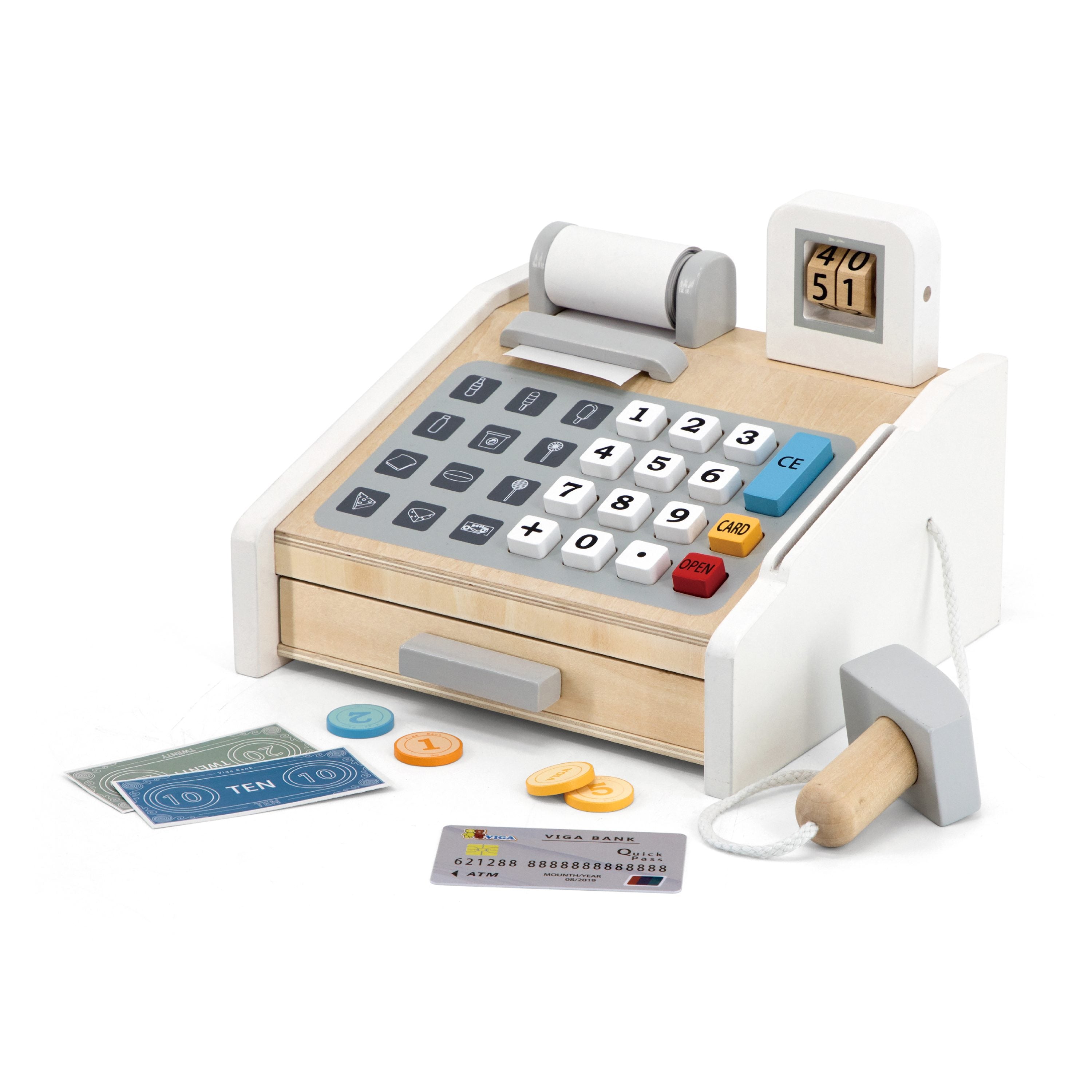 Viga Deluxe Wooden Cash Register Set - Montessori Math, Money & Social Play Toy