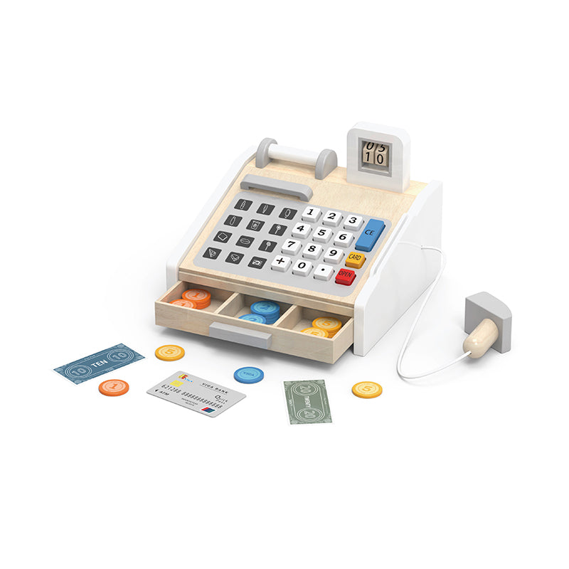 Viga Deluxe Wooden Cash Register Set - Montessori Math, Money & Social Play Toy