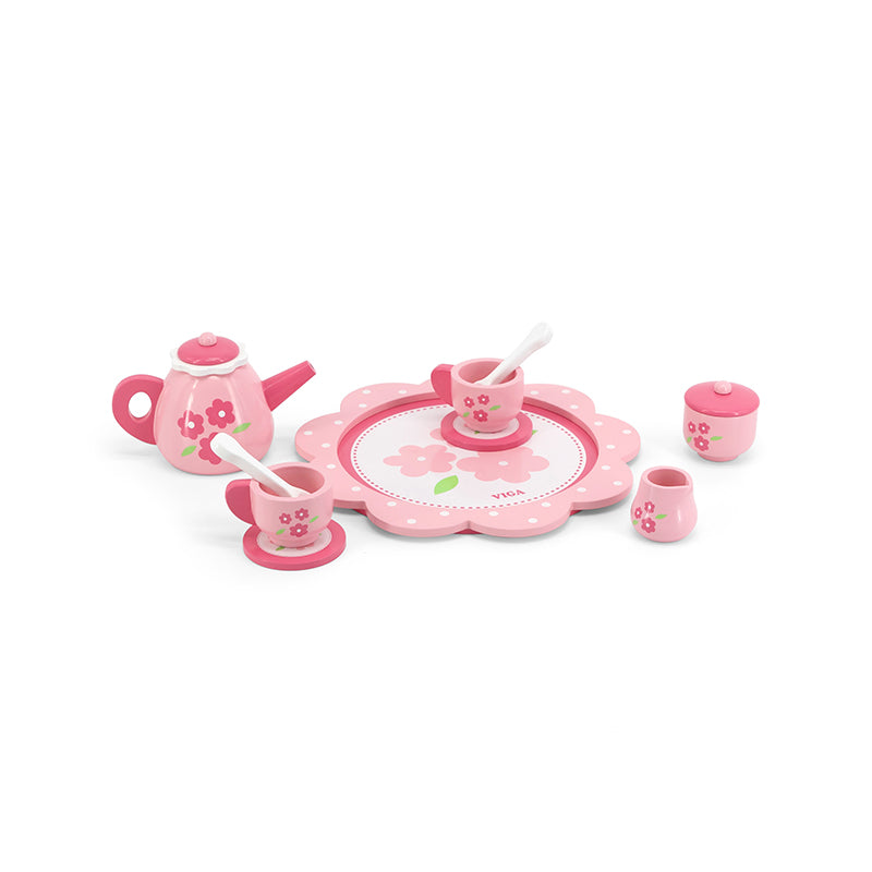 Viga 12-Piece Elegant Wooden Afternoon Tea Set - Montessori Social Role Play Toy