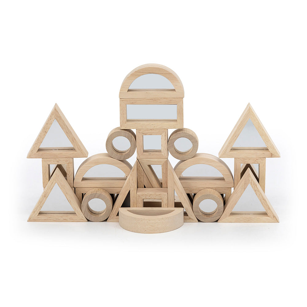 Viga 24-Piece Wooden Mirror Blocks Set - Montessori Double-Sided Sensory Building Toy