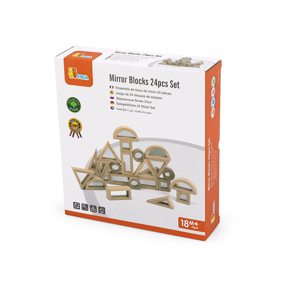 Viga 24-Piece Wooden Mirror Blocks Set - Montessori Double-Sided Sensory Building Toy