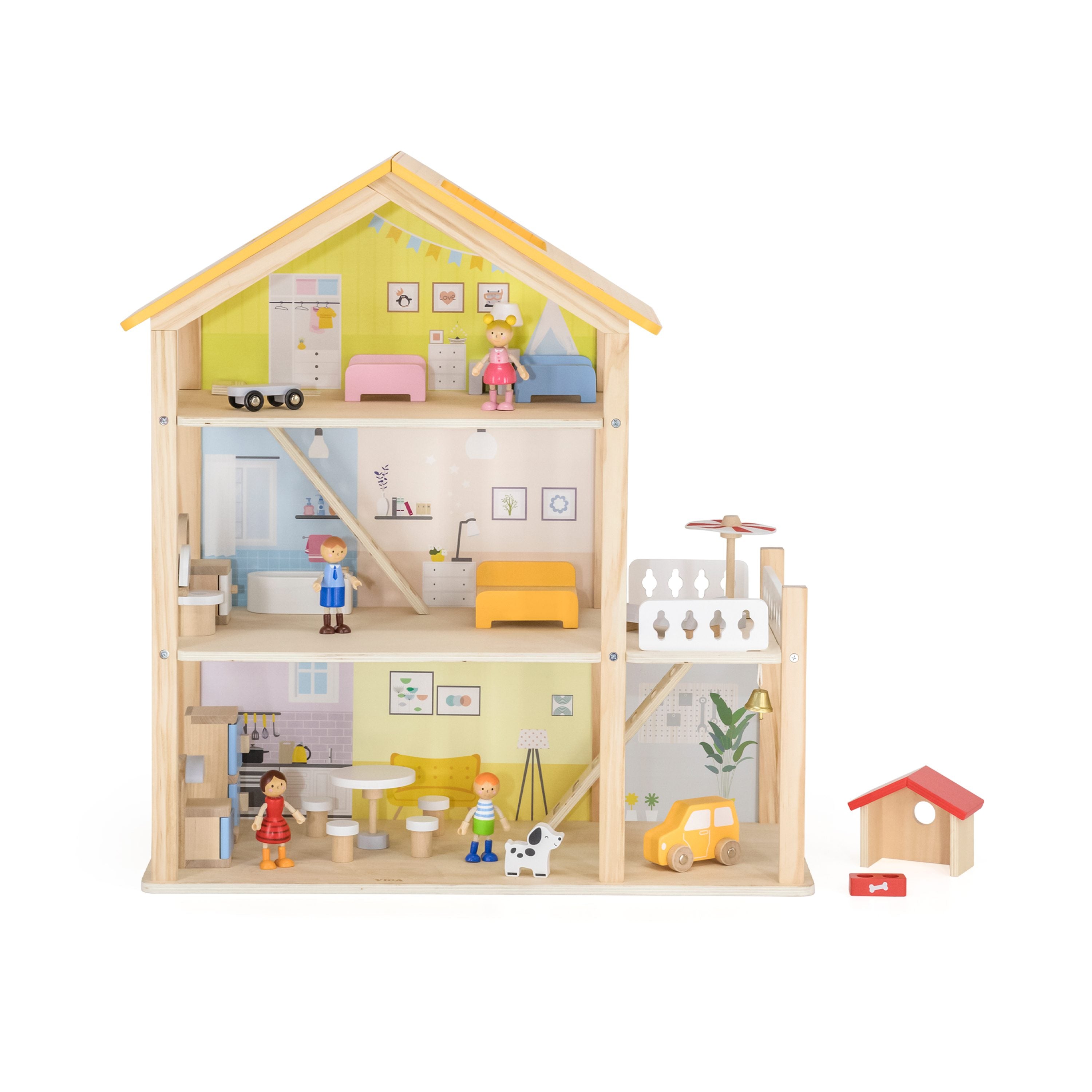 Viga Deluxe 3-Story Modern Wooden Dollhouse - 22-Piece Furniture & 4-Figure Family Set