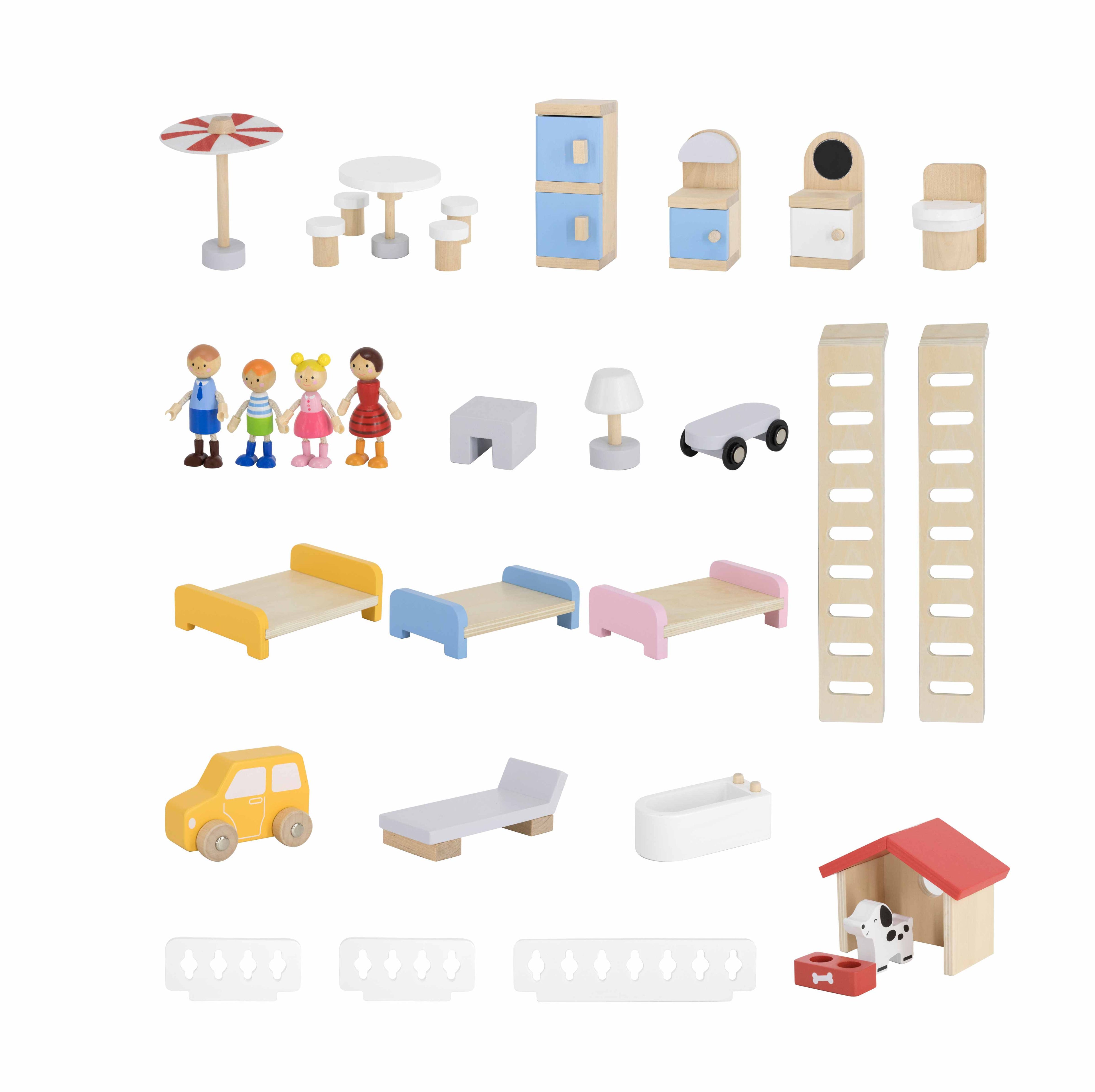 Viga Deluxe 3-Story Modern Wooden Dollhouse - 22-Piece Furniture & 4-Figure Family Set