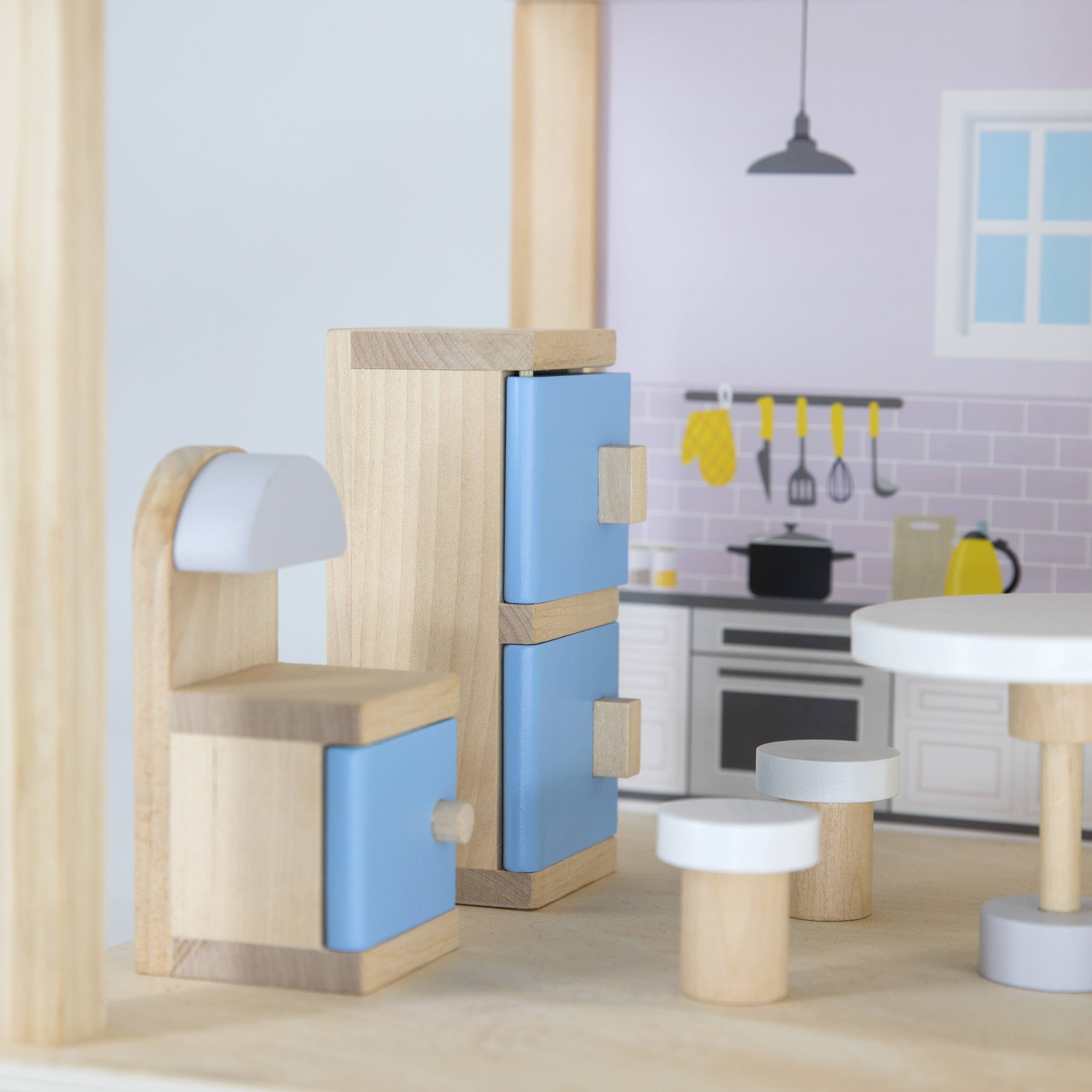 Viga Deluxe 3-Story Modern Wooden Dollhouse - 22-Piece Furniture & 4-Figure Family Set
