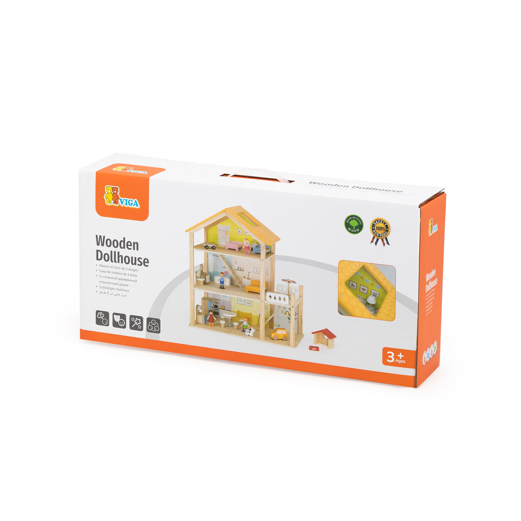 Viga Deluxe 3-Story Modern Wooden Dollhouse - 22-Piece Furniture & 4-Figure Family Set