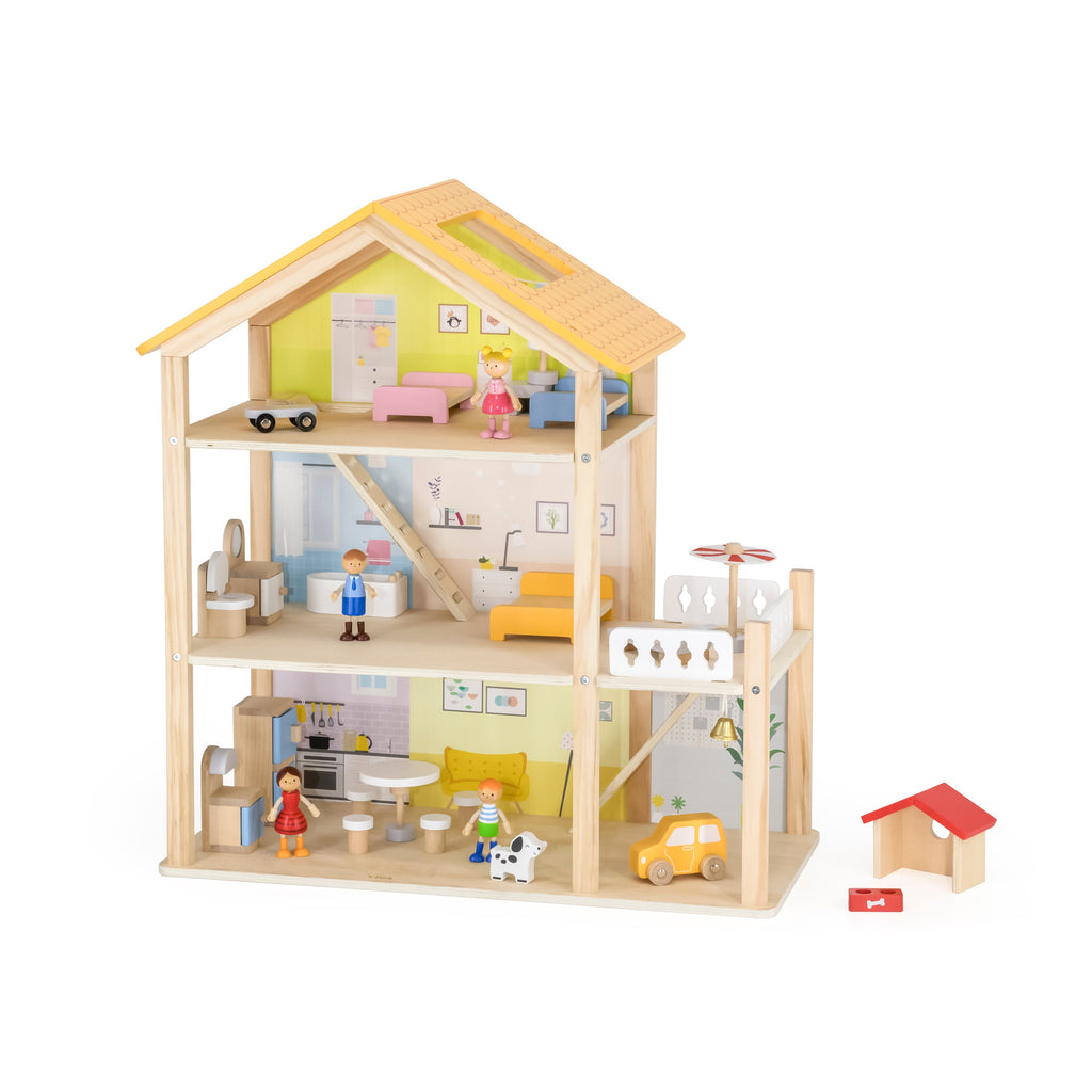 Viga Deluxe 3-Story Modern Wooden Dollhouse - 22-Piece Furniture & 4-Figure Family Set