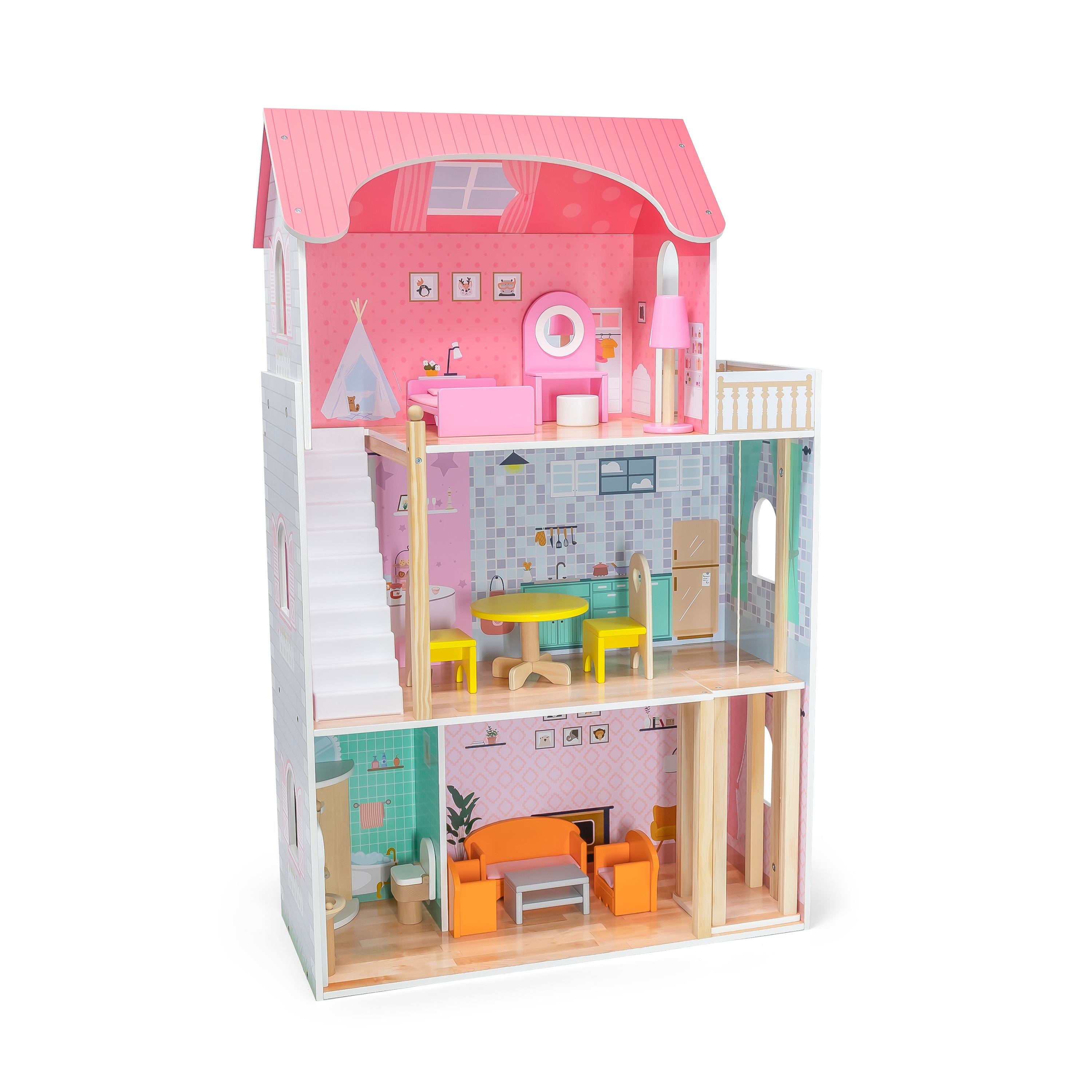 Viga Giant 3-Story Luxury Wooden Dollhouse - 1.1m Tall Playhouse with Elevator & Terrace