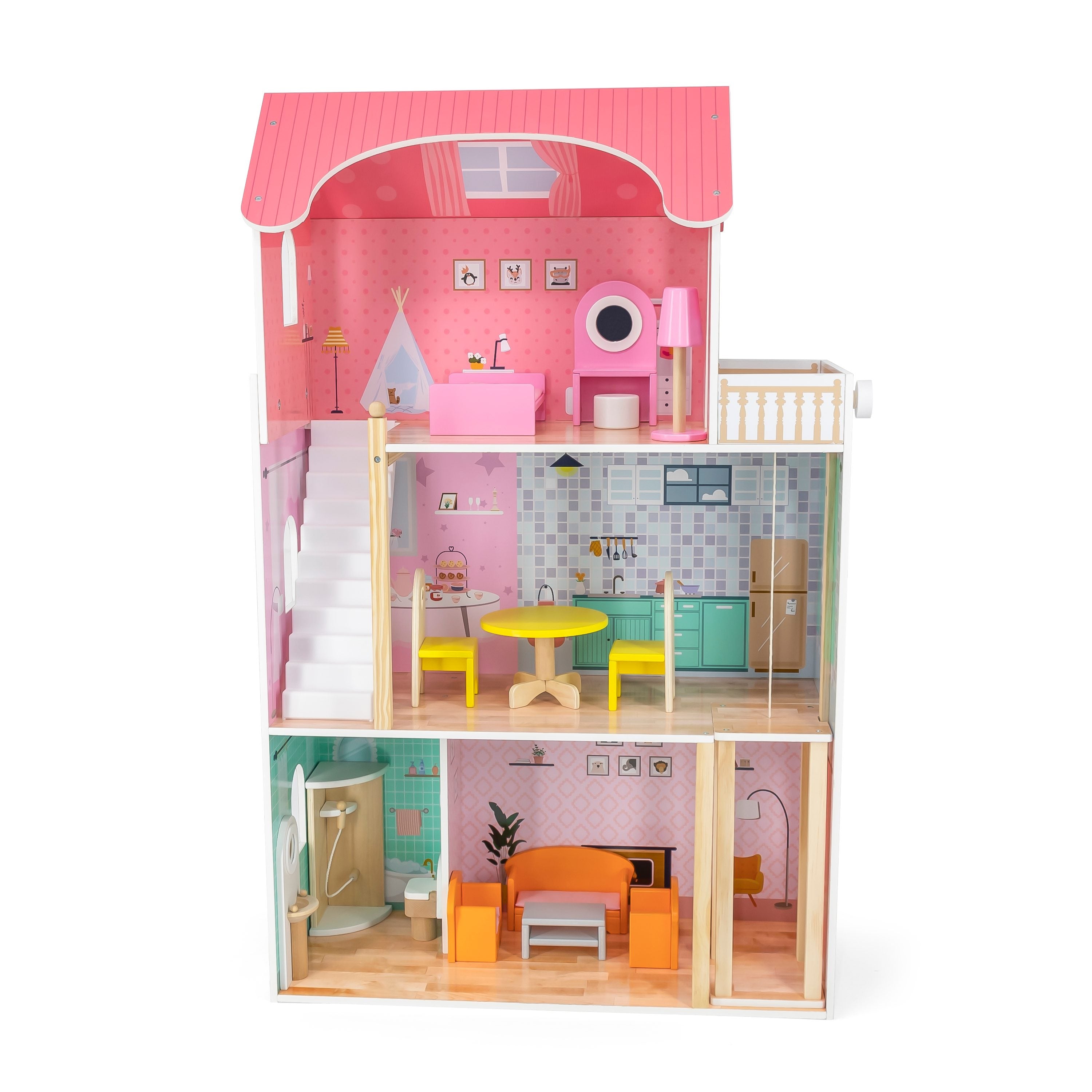 Viga Giant 3-Story Luxury Wooden Dollhouse - 1.1m Tall Playhouse with Elevator & Terrace