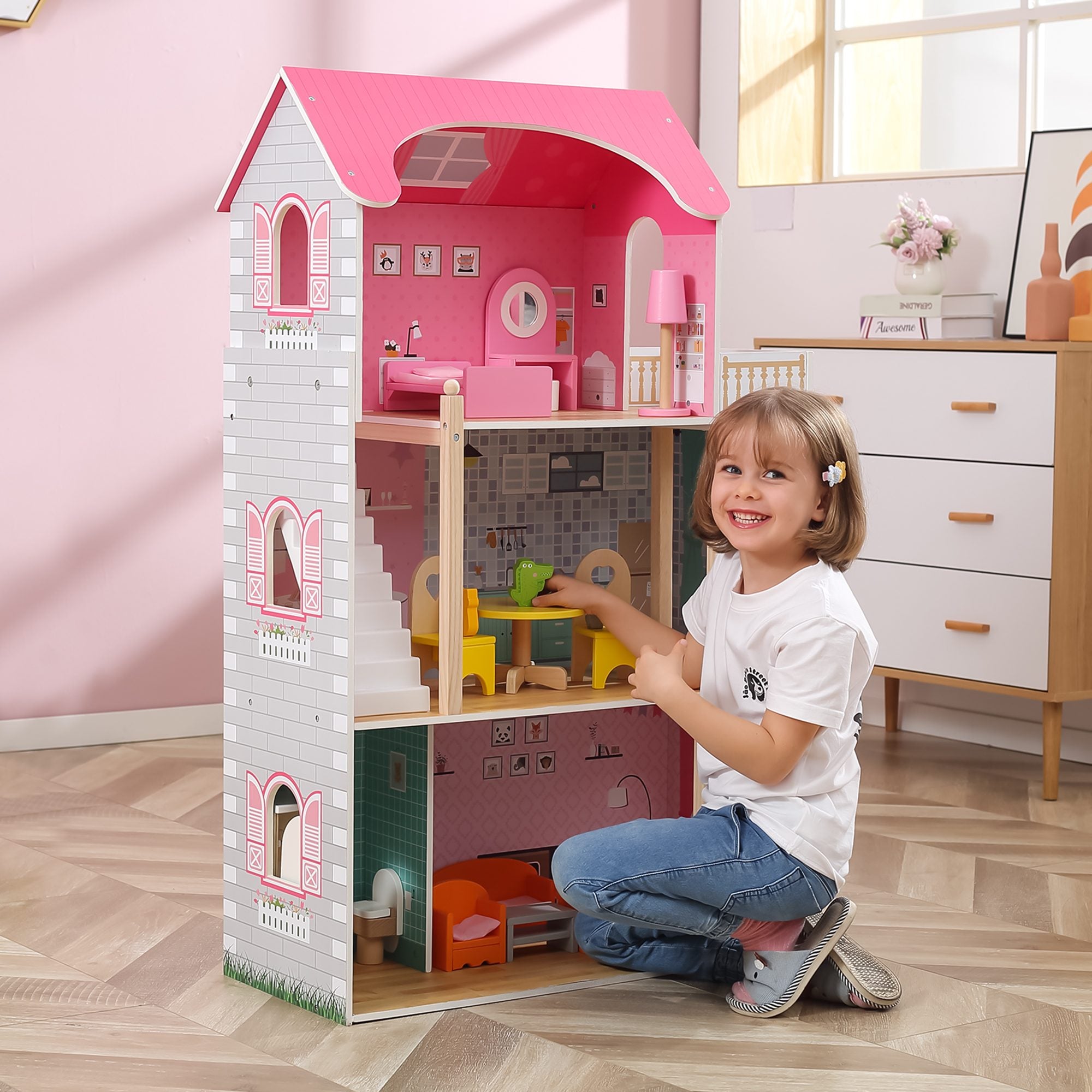 Viga Giant 3-Story Luxury Wooden Dollhouse - 1.1m Tall Playhouse with Elevator & Terrace