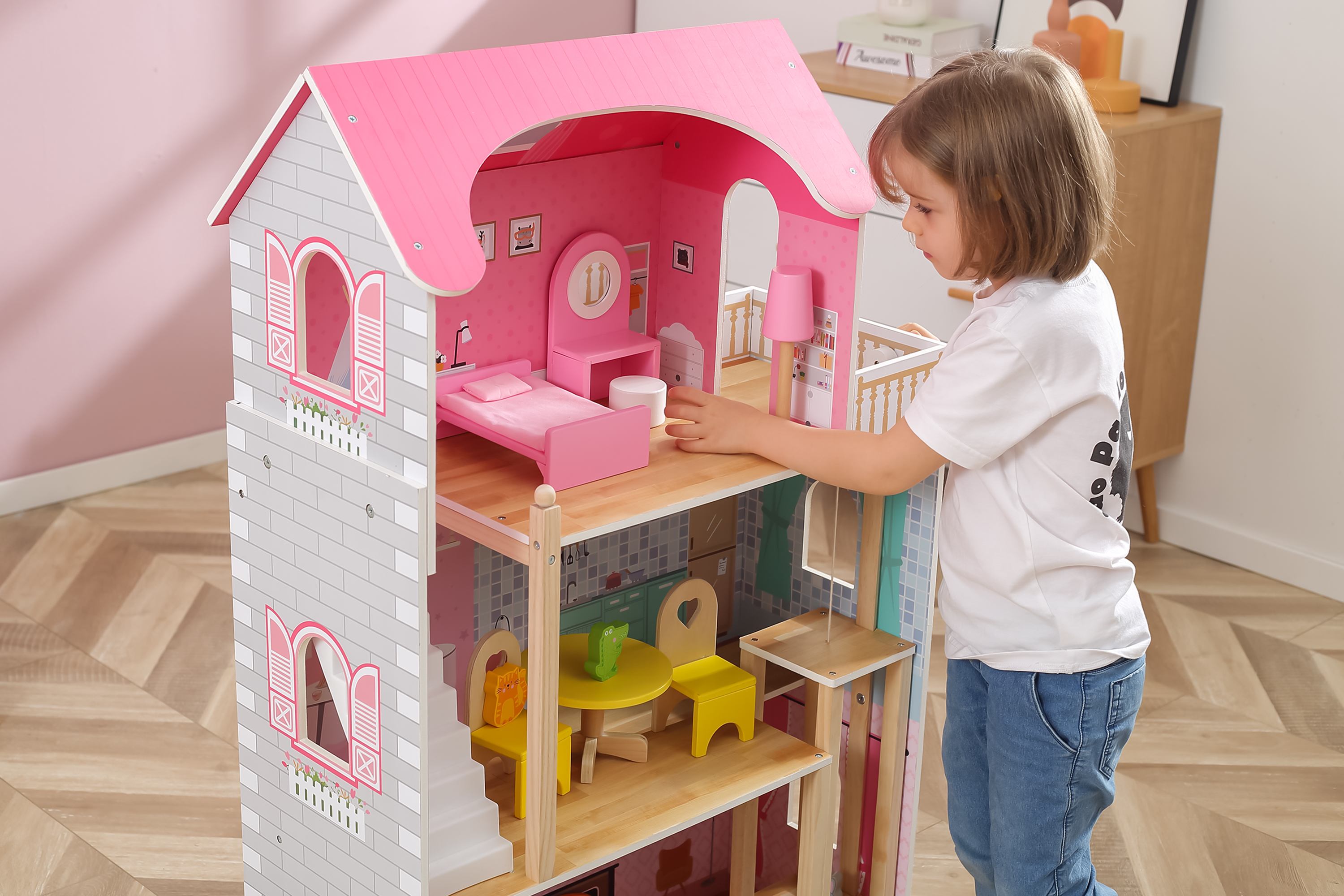Viga Giant 3-Story Luxury Wooden Dollhouse - 1.1m Tall Playhouse with Elevator & Terrace