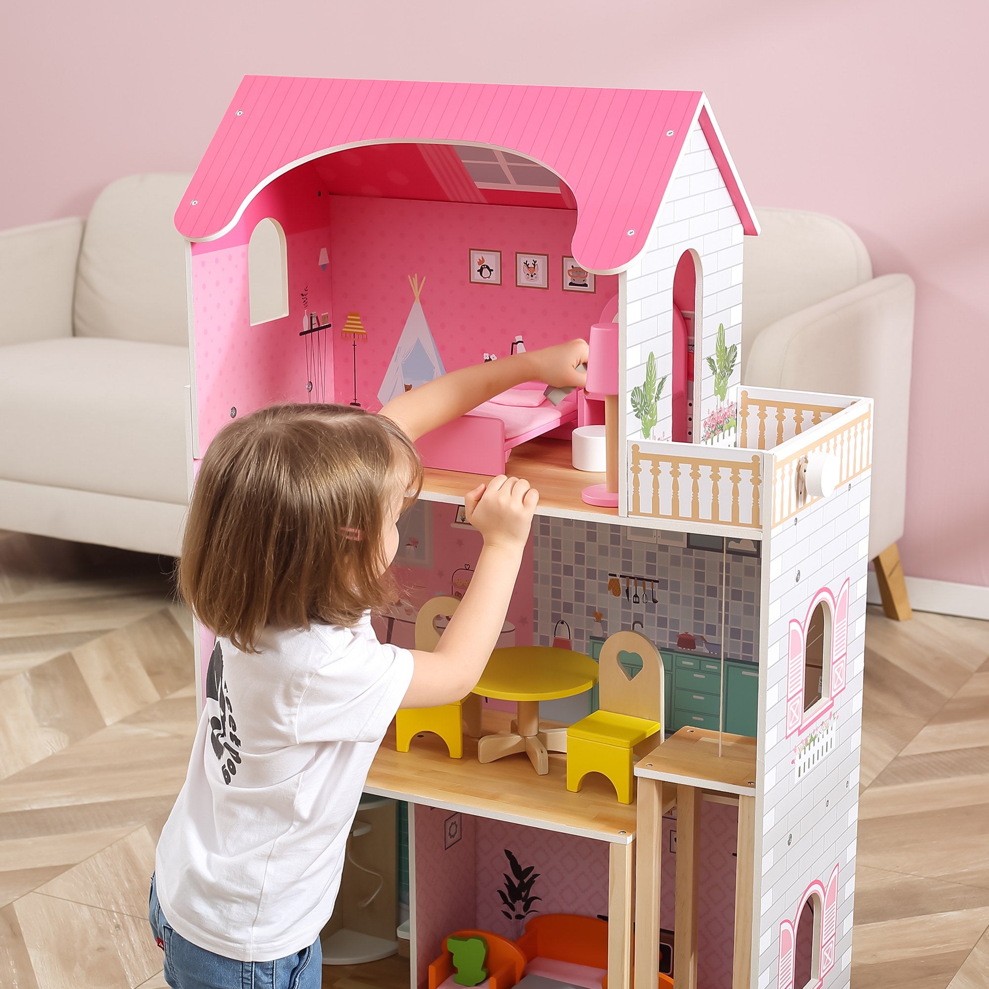 Viga Giant 3-Story Luxury Wooden Dollhouse - 1.1m Tall Playhouse with Elevator & Terrace