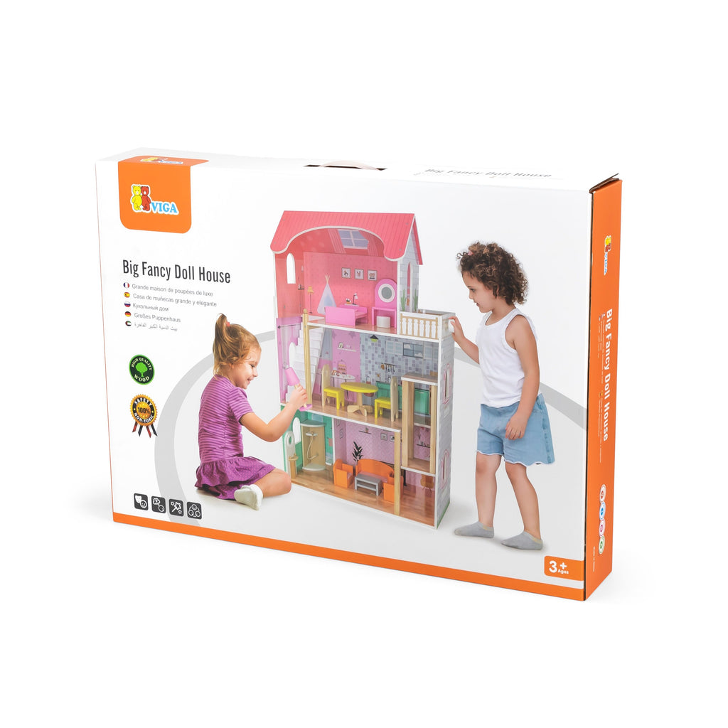 Viga Giant 3-Story Luxury Wooden Dollhouse - 1.1m Tall Playhouse with Elevator & Terrace