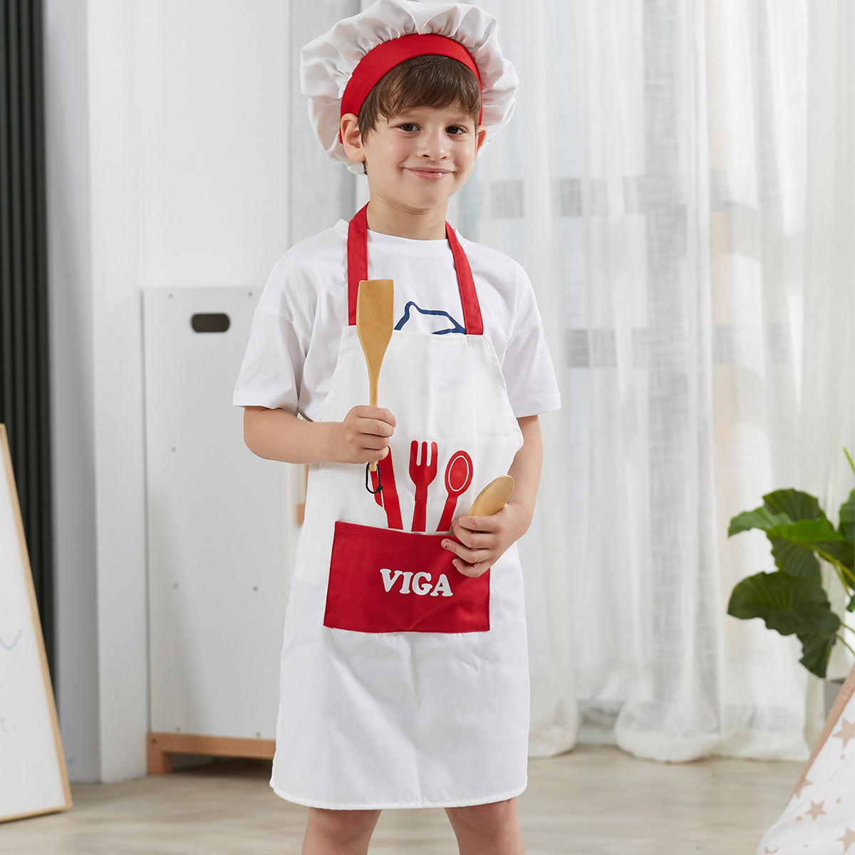 Viga Kids Chef Costume Set - Adjustable Apron & Mushroom Hat for Baking & Role Play