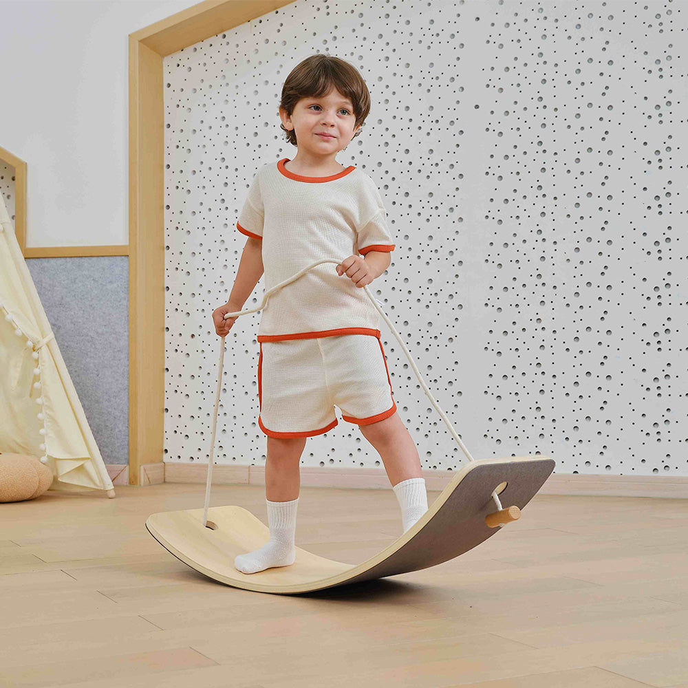 Viga Multipurpose Wooden Waldorf Balance Board - 80kg Capacity with Pull Rope & Track Stickers