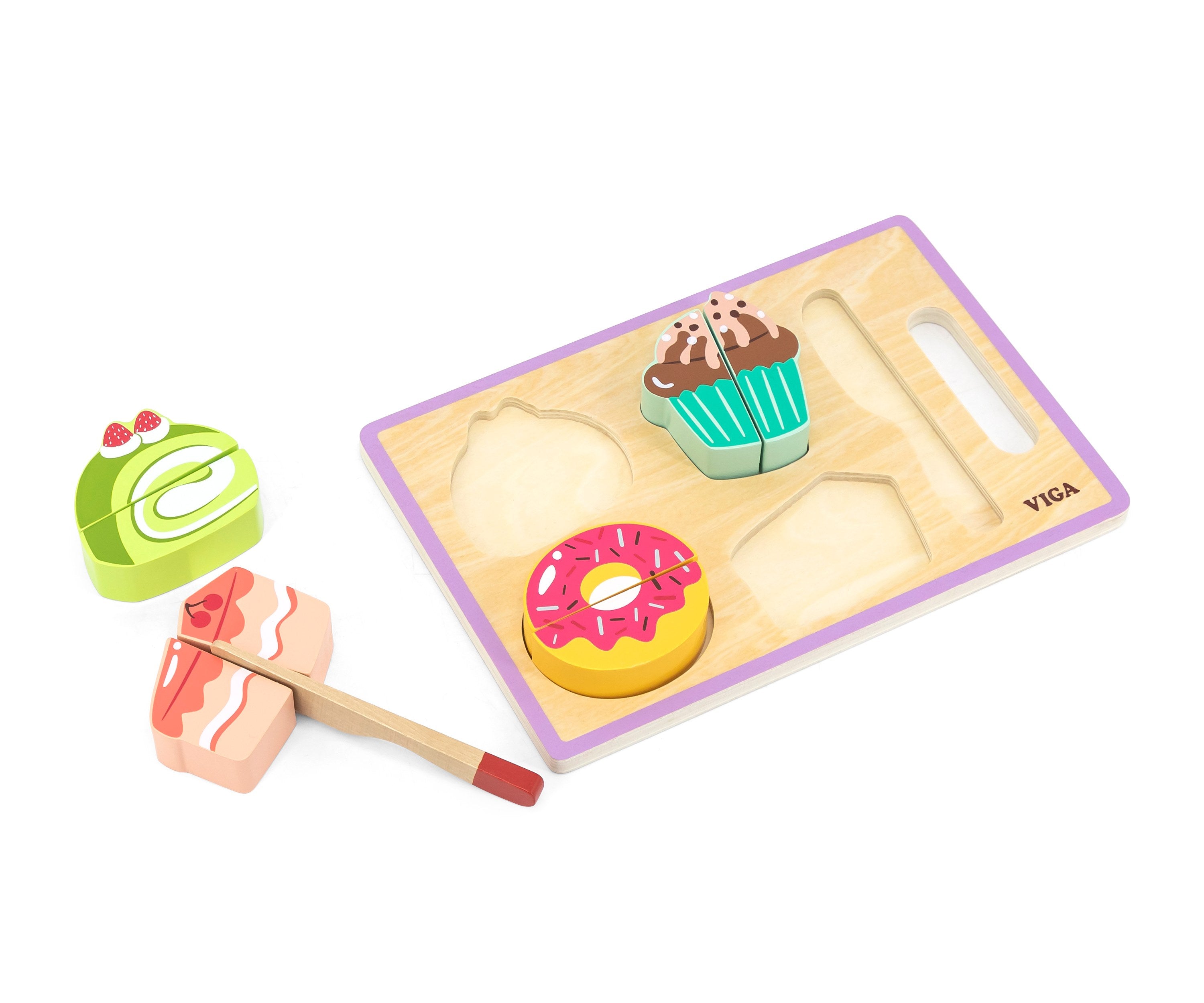 Viga Compact Wooden Dessert Slicing & Matching Set - 6-Piece Montessori Tea Party Toy