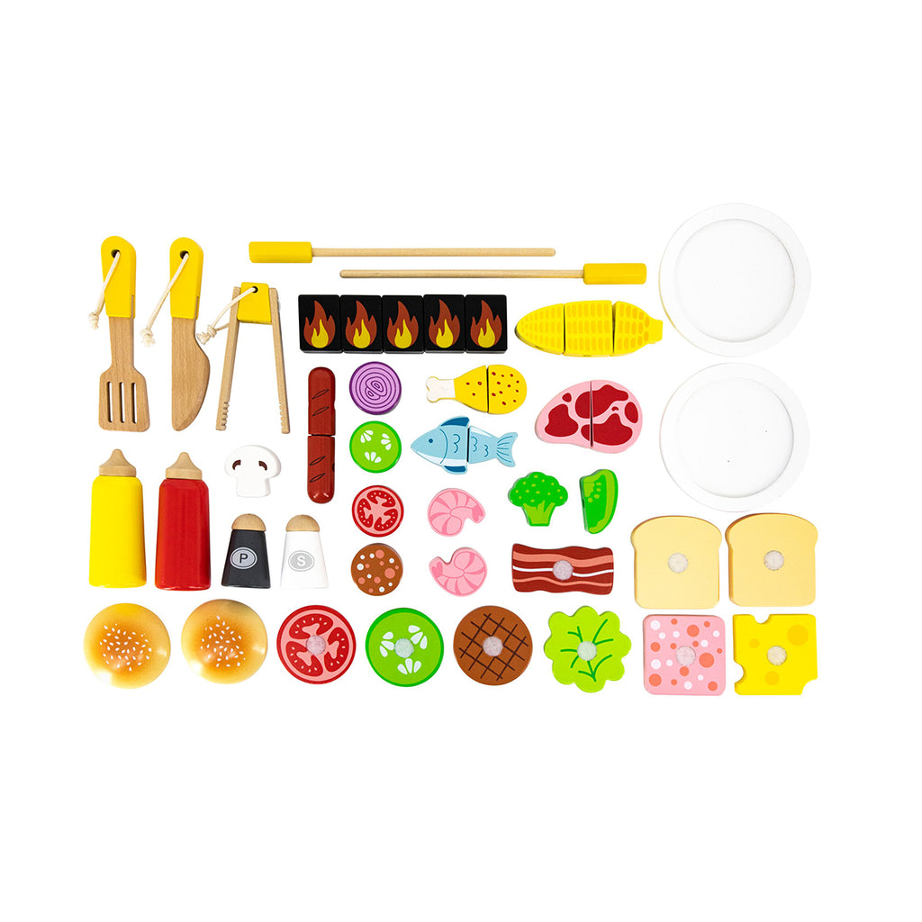Viga Deluxe 47-Piece Wooden BBQ Grill Station - Mobile Interactive Play Set
