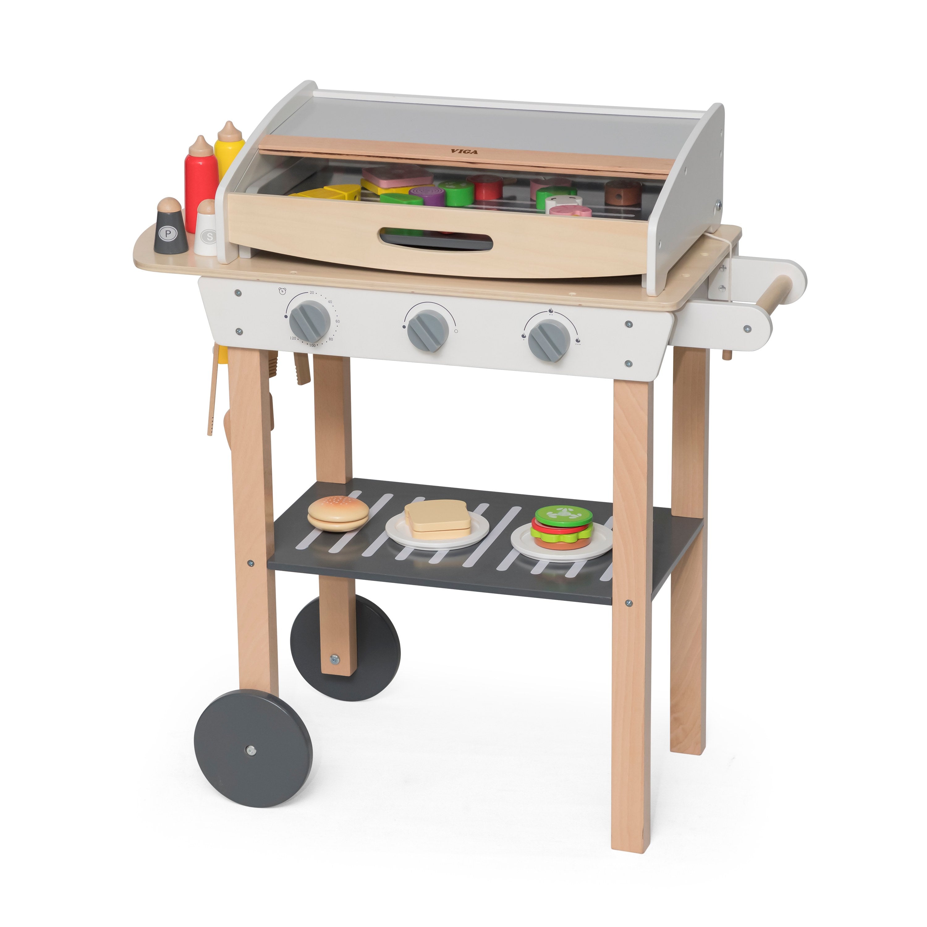 Viga Deluxe 47-Piece Wooden BBQ Grill Station - Mobile Interactive Play Set