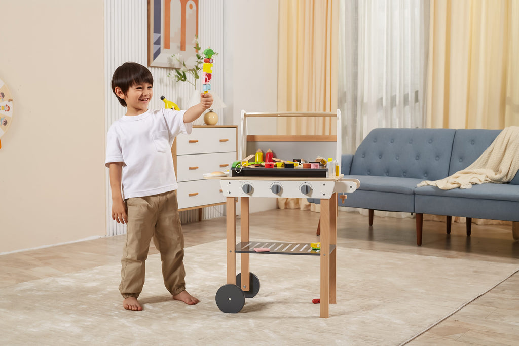 Viga Deluxe 47-Piece Wooden BBQ Grill Station - Mobile Interactive Play Set