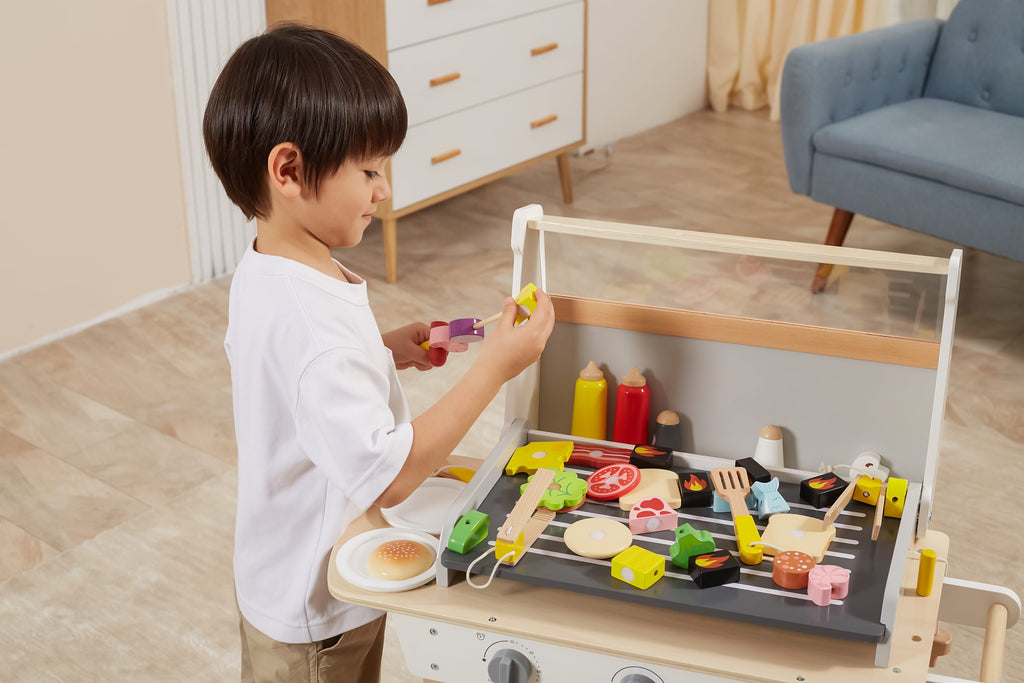 Viga Deluxe 47-Piece Wooden BBQ Grill Station - Mobile Interactive Play Set