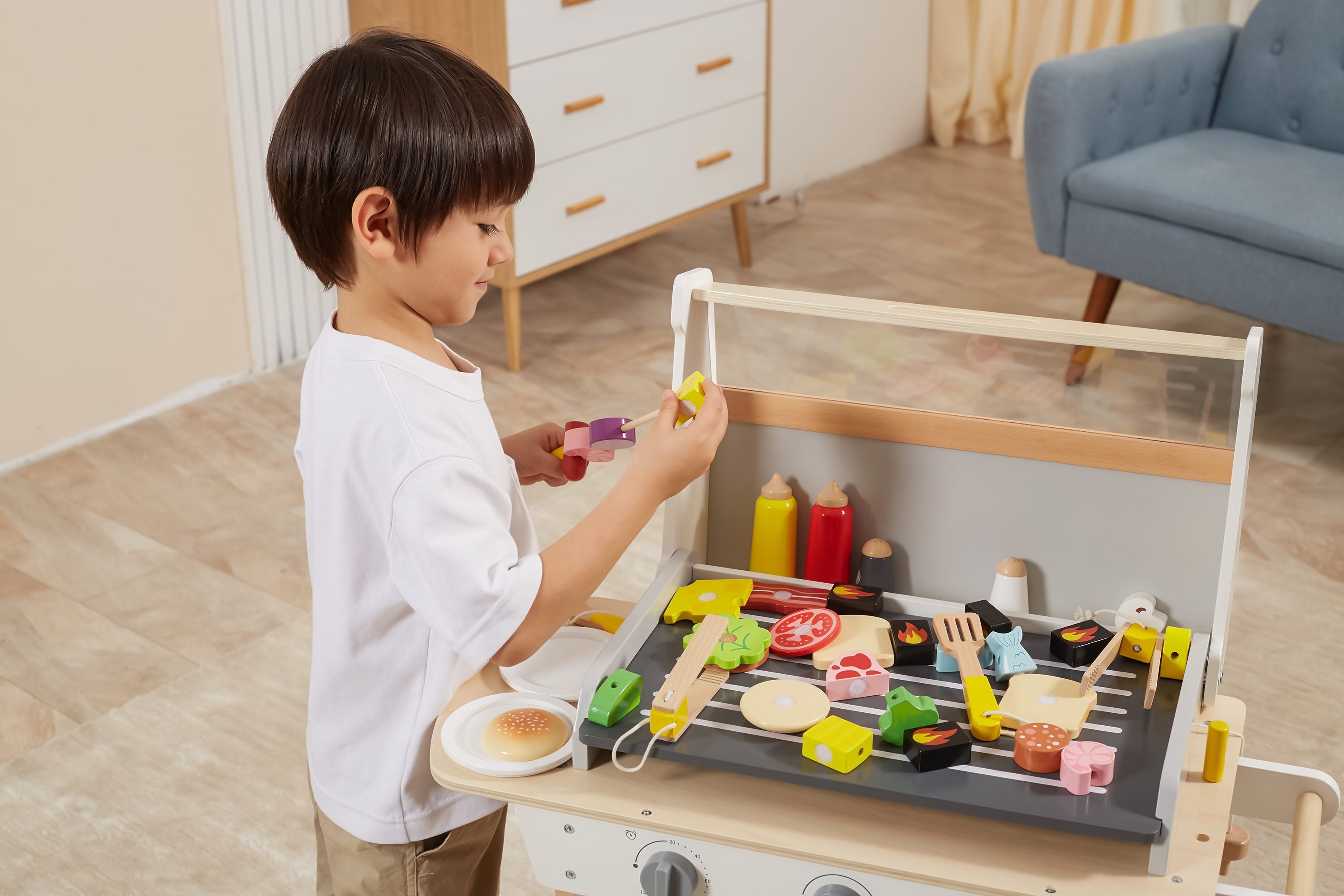 Viga Deluxe 47-Piece Wooden BBQ Grill Station - Mobile Interactive Play Set