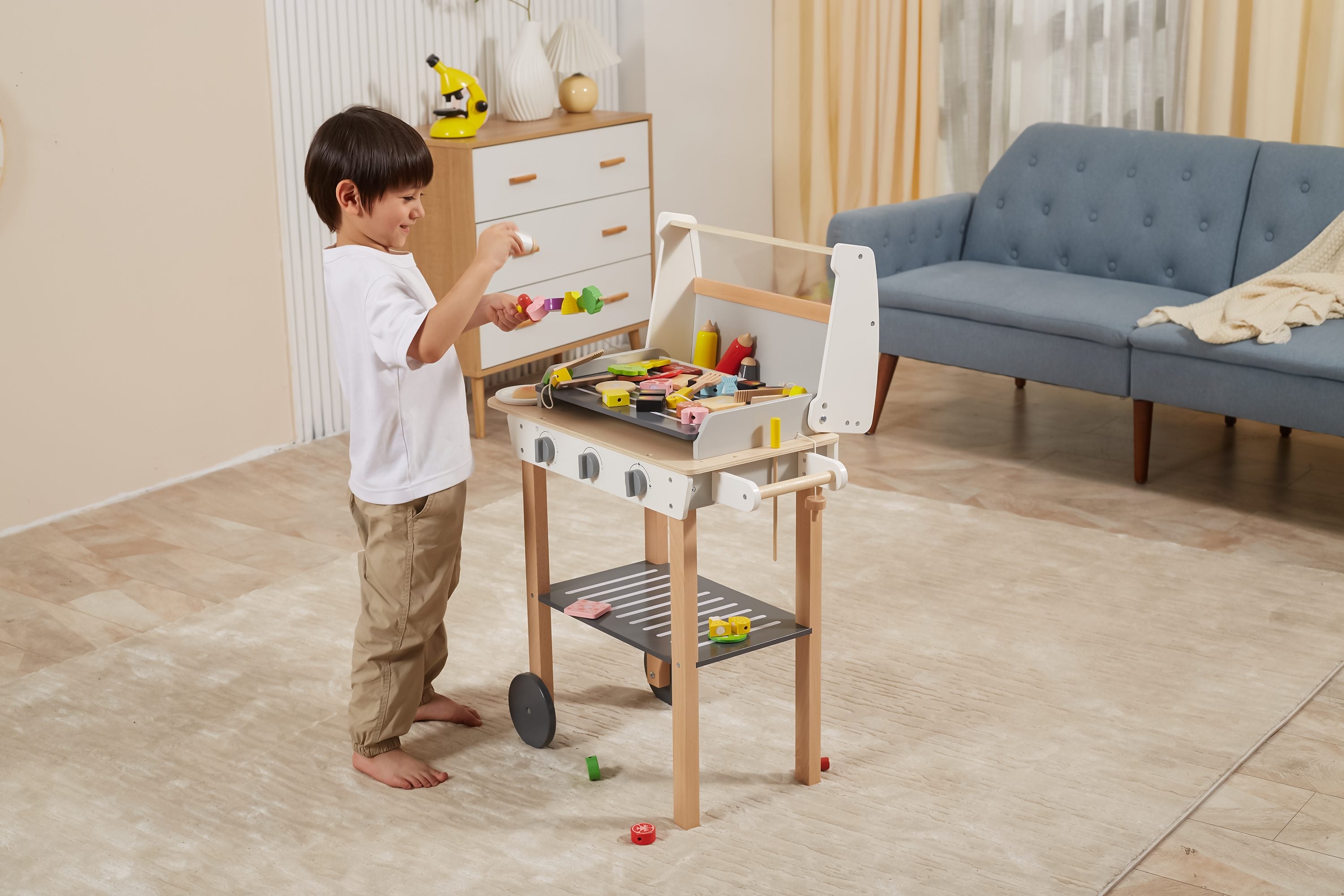 Viga Deluxe 47-Piece Wooden BBQ Grill Station - Mobile Interactive Play Set