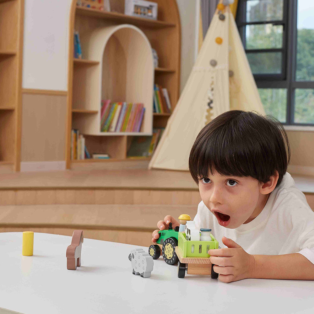 Viga 12-Piece Build-Your-Own Farm Tractor - Montessori DIY Wooden Vehicle Set