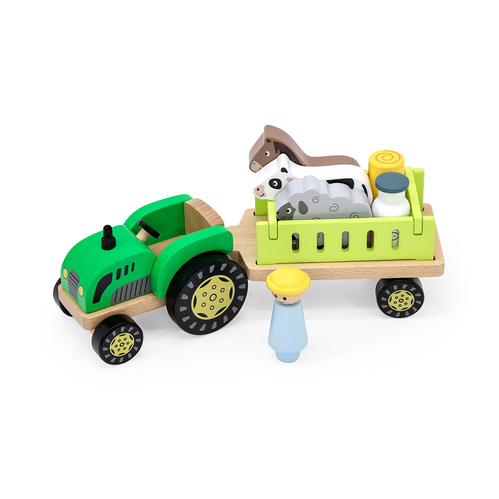Viga 12-Piece Build-Your-Own Farm Tractor - Montessori DIY Wooden Vehicle Set