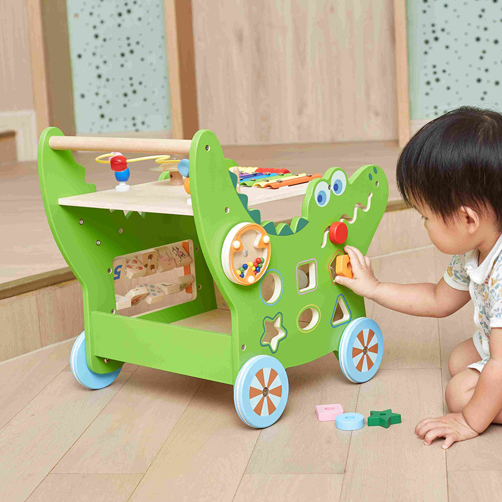 Viga 7-in-1 Crocodile Activity Walker - Montessori Wooden Push Toy with Storage