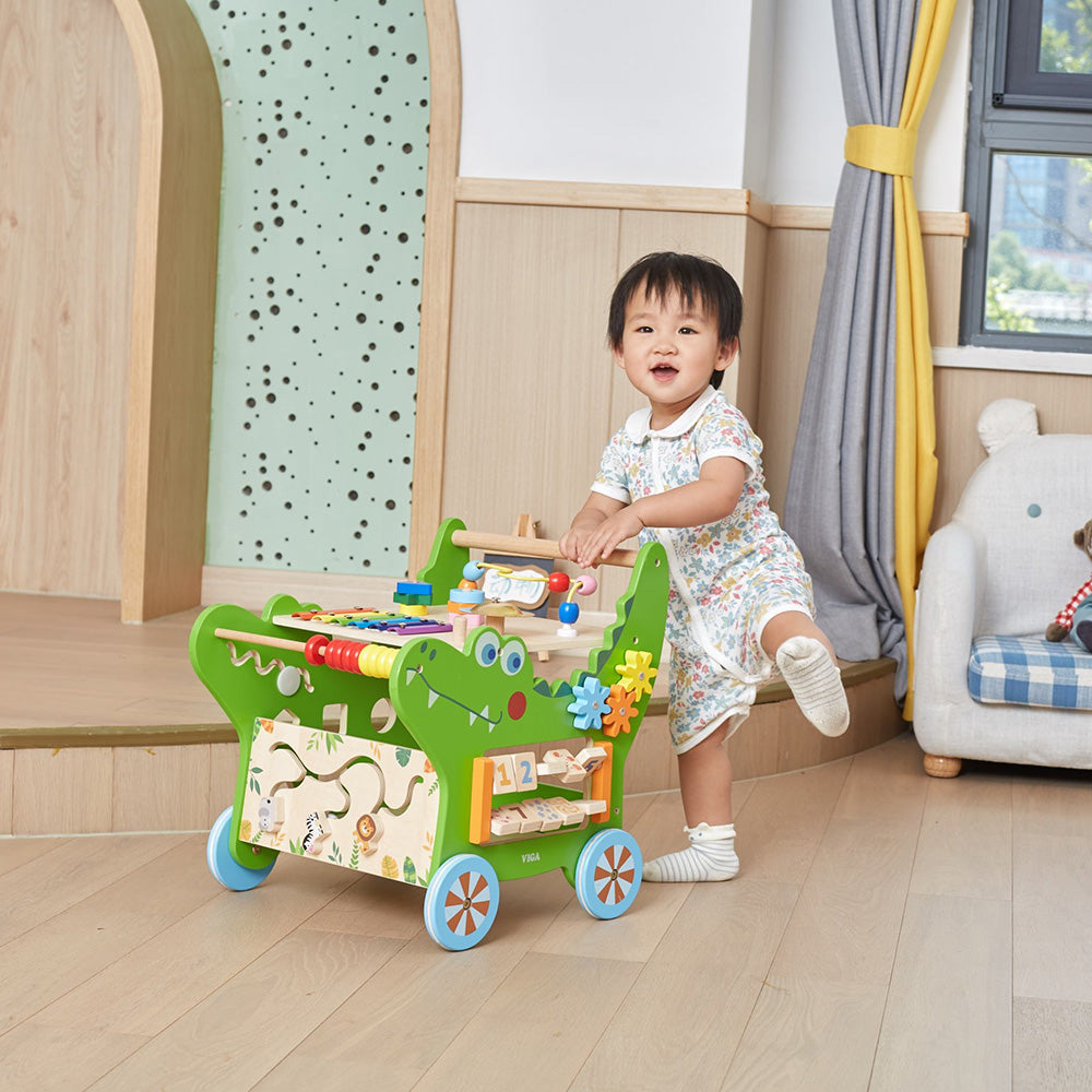 Viga 7-in-1 Crocodile Activity Walker - Montessori Wooden Push Toy with Storage