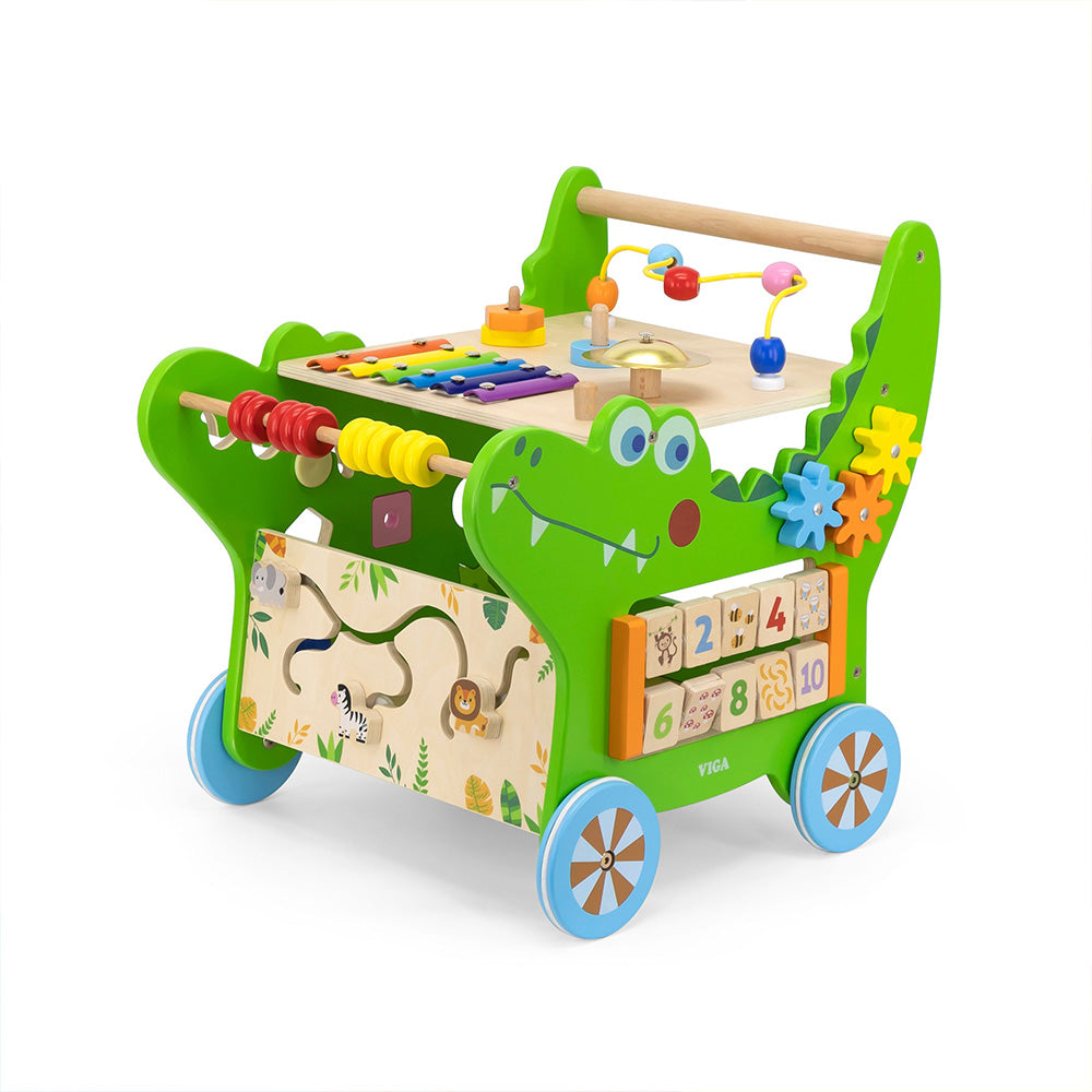 Viga 7-in-1 Crocodile Activity Walker - Montessori Wooden Push Toy with Storage
