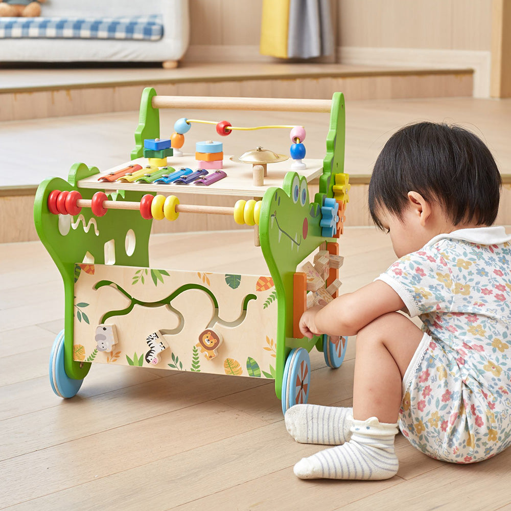 Viga 7-in-1 Crocodile Activity Walker - Montessori Wooden Push Toy with Storage