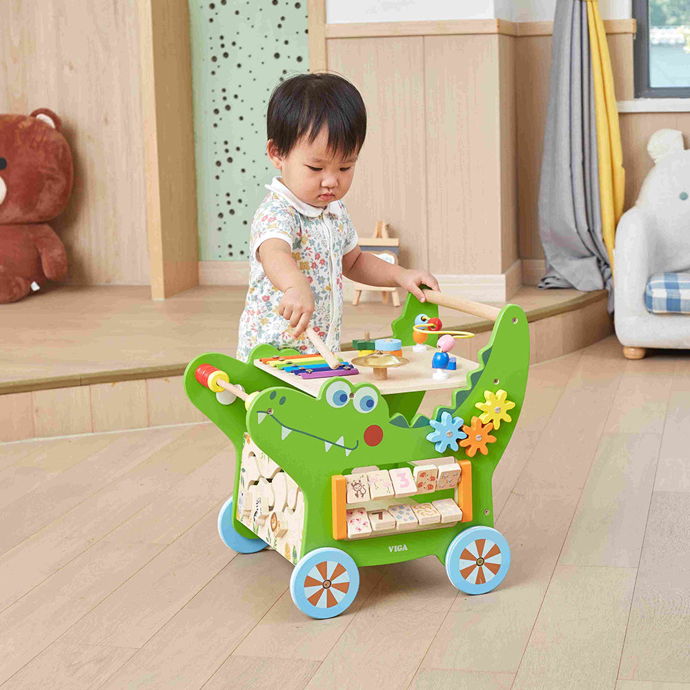 Viga 7-in-1 Crocodile Activity Walker - Montessori Wooden Push Toy with Storage