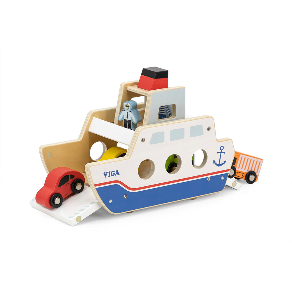 Viga Wooden Ferry Boat Car Carrier - 7-Piece Nautical Transport Playset