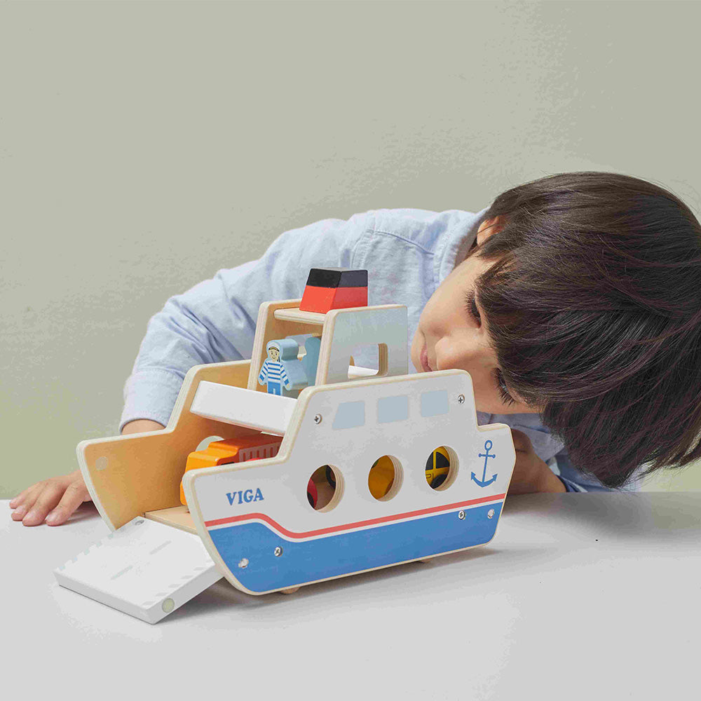 Viga Wooden Ferry Boat Car Carrier - 7-Piece Nautical Transport Playset