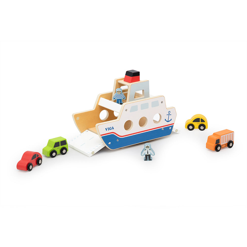 Viga Wooden Ferry Boat Car Carrier - 7-Piece Nautical Transport Playset