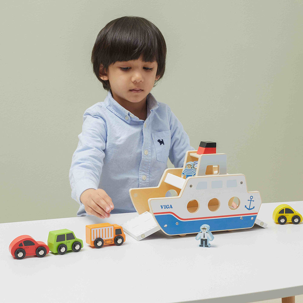 Viga Wooden Ferry Boat Car Carrier - 7-Piece Nautical Transport Playset