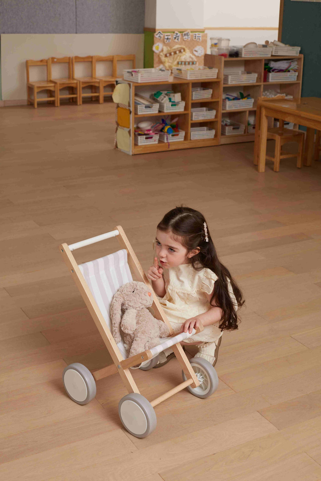 Viga Solid Beechwood Doll Stroller with Rubber Tires - Premium Nurturing Role Play Toy