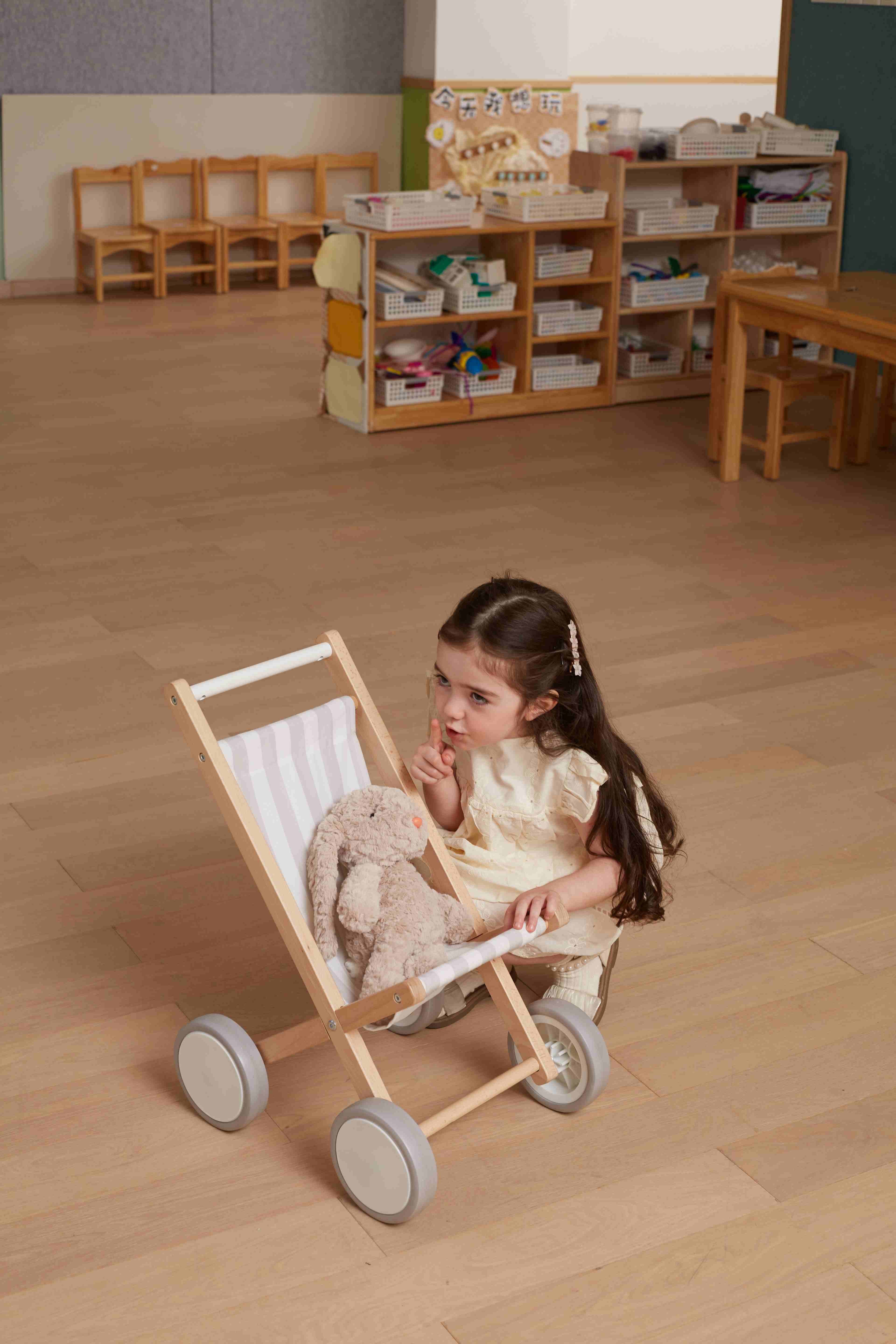 Viga Solid Beechwood Doll Stroller with Rubber Tires - Premium Nurturing Role Play Toy