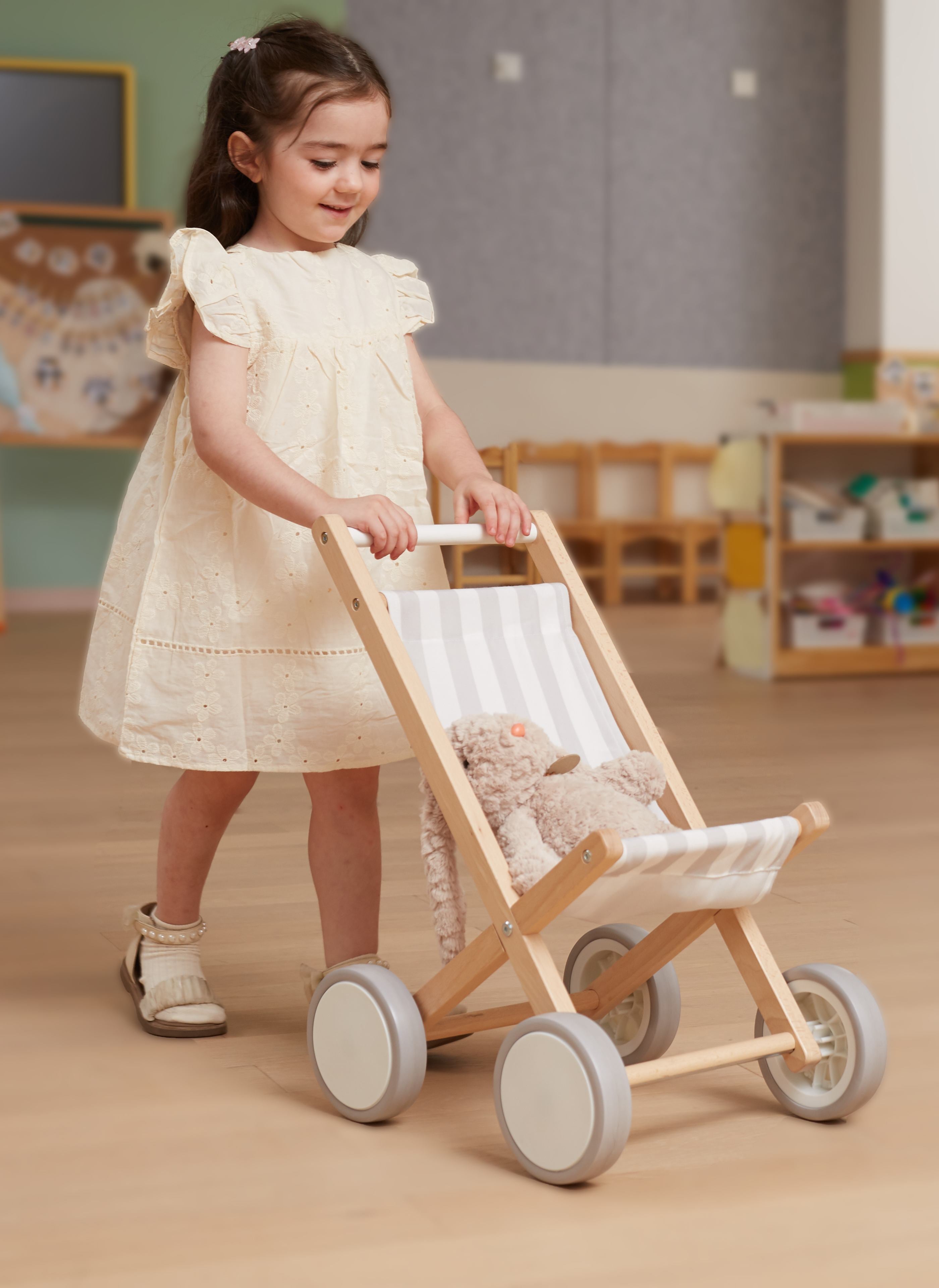 Viga Solid Beechwood Doll Stroller with Rubber Tires - Premium Nurturing Role Play Toy