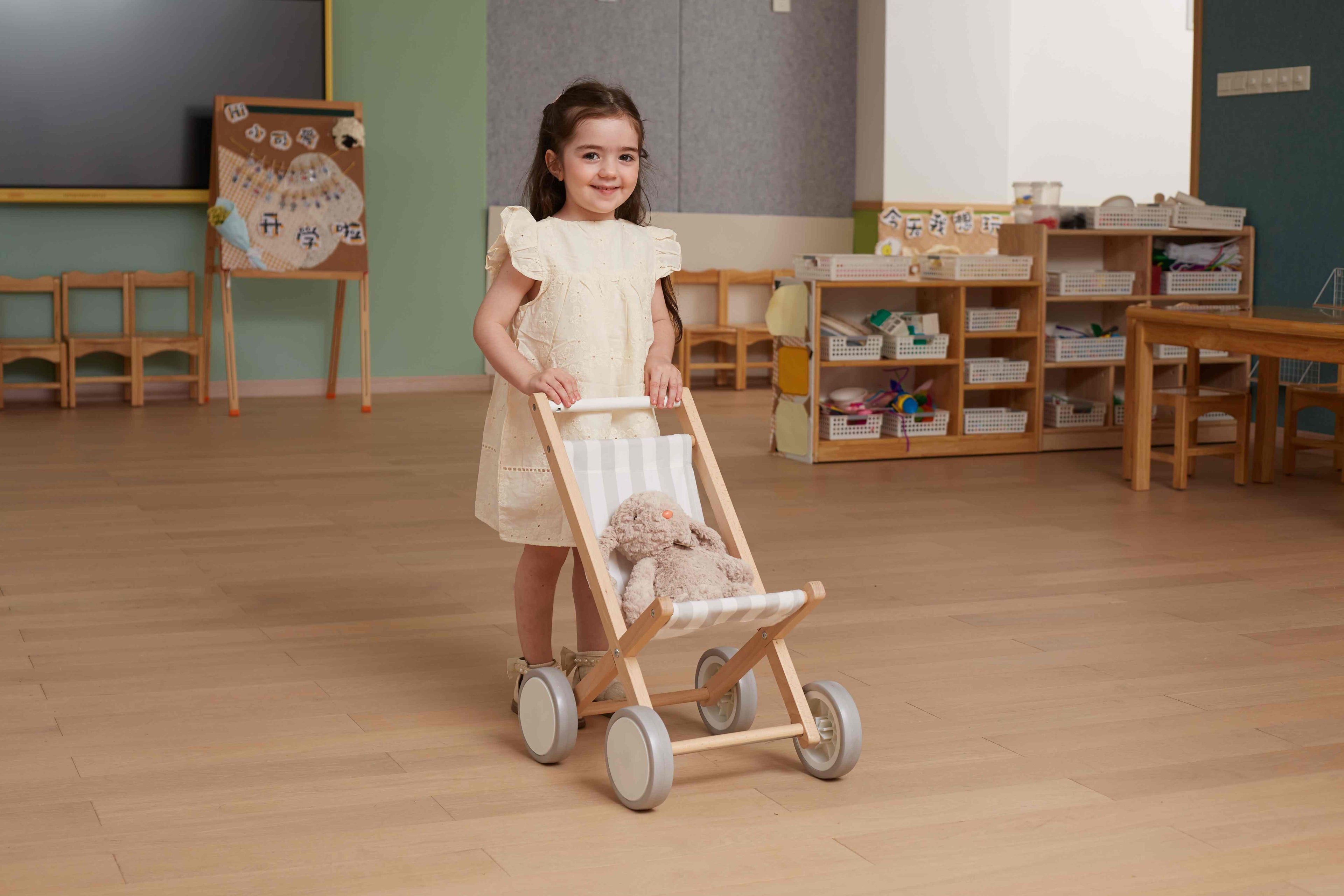 Viga Solid Beechwood Doll Stroller with Rubber Tires - Premium Nurturing Role Play Toy