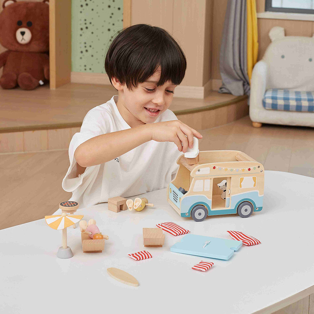 Viga Wooden Beach Camper Van Playset - 11-Piece Deluxe Summer Road Trip Set