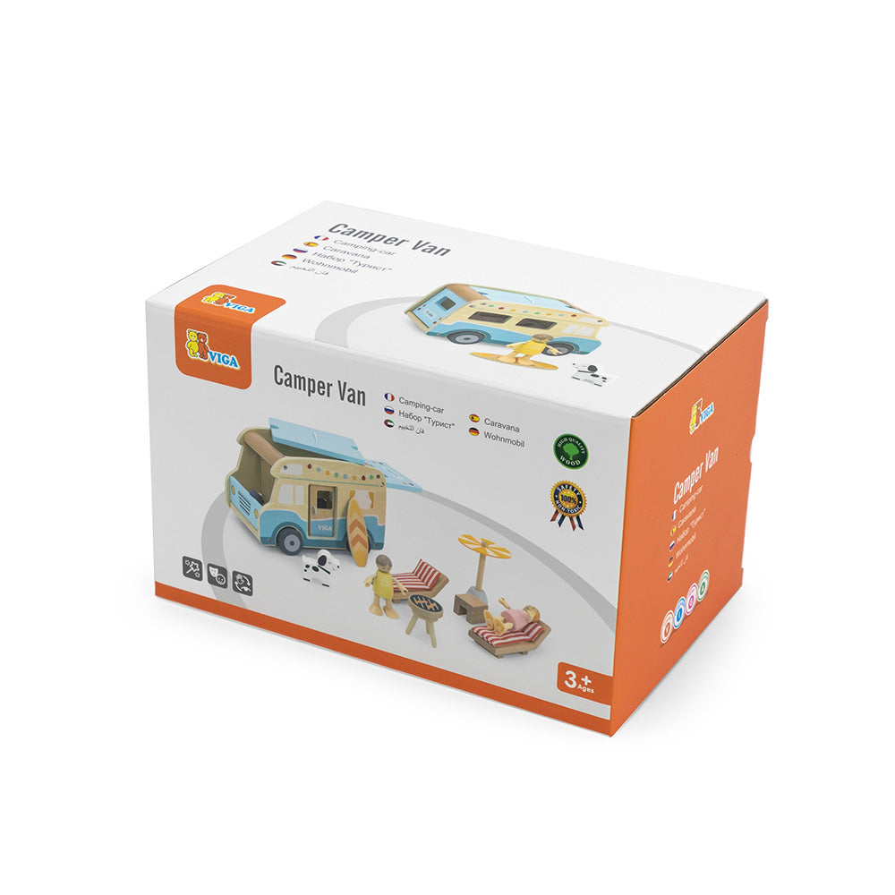 Viga Wooden Beach Camper Van Playset - 11-Piece Deluxe Summer Road Trip Set