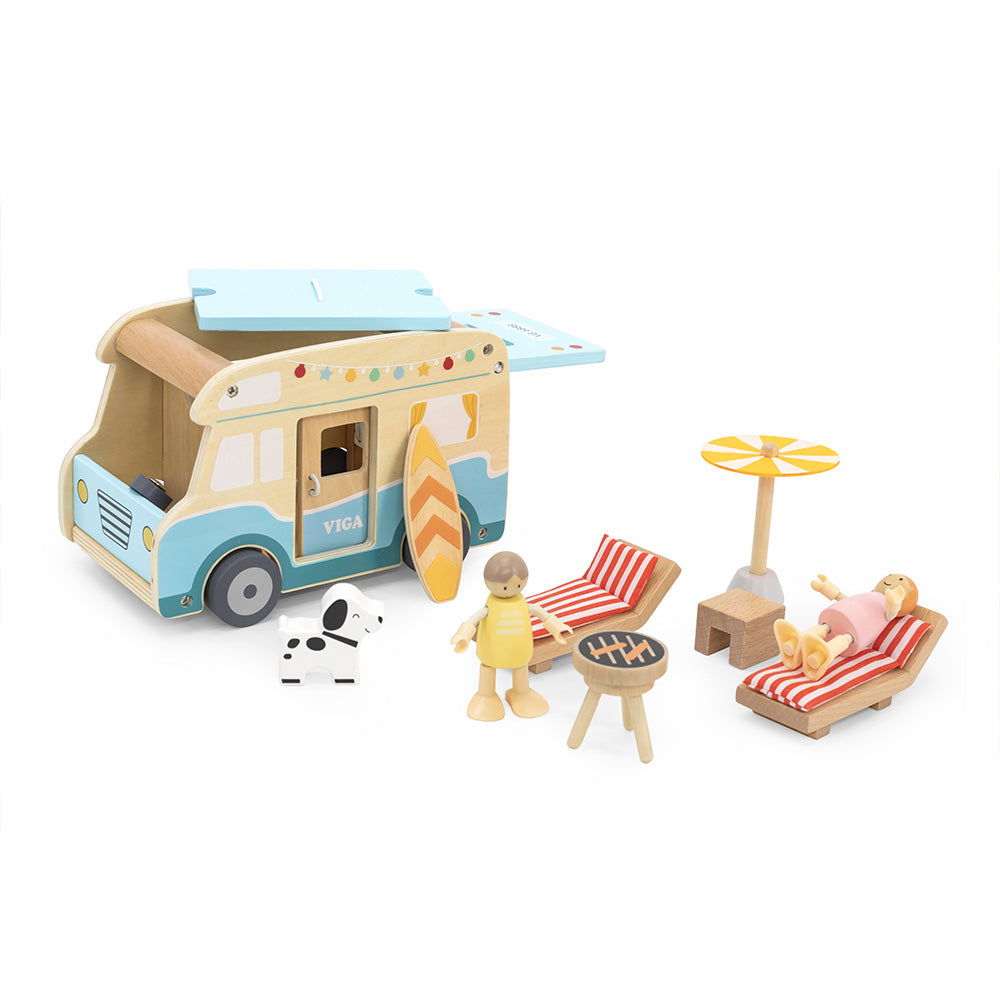 Viga Wooden Beach Camper Van Playset - 11-Piece Deluxe Summer Road Trip Set
