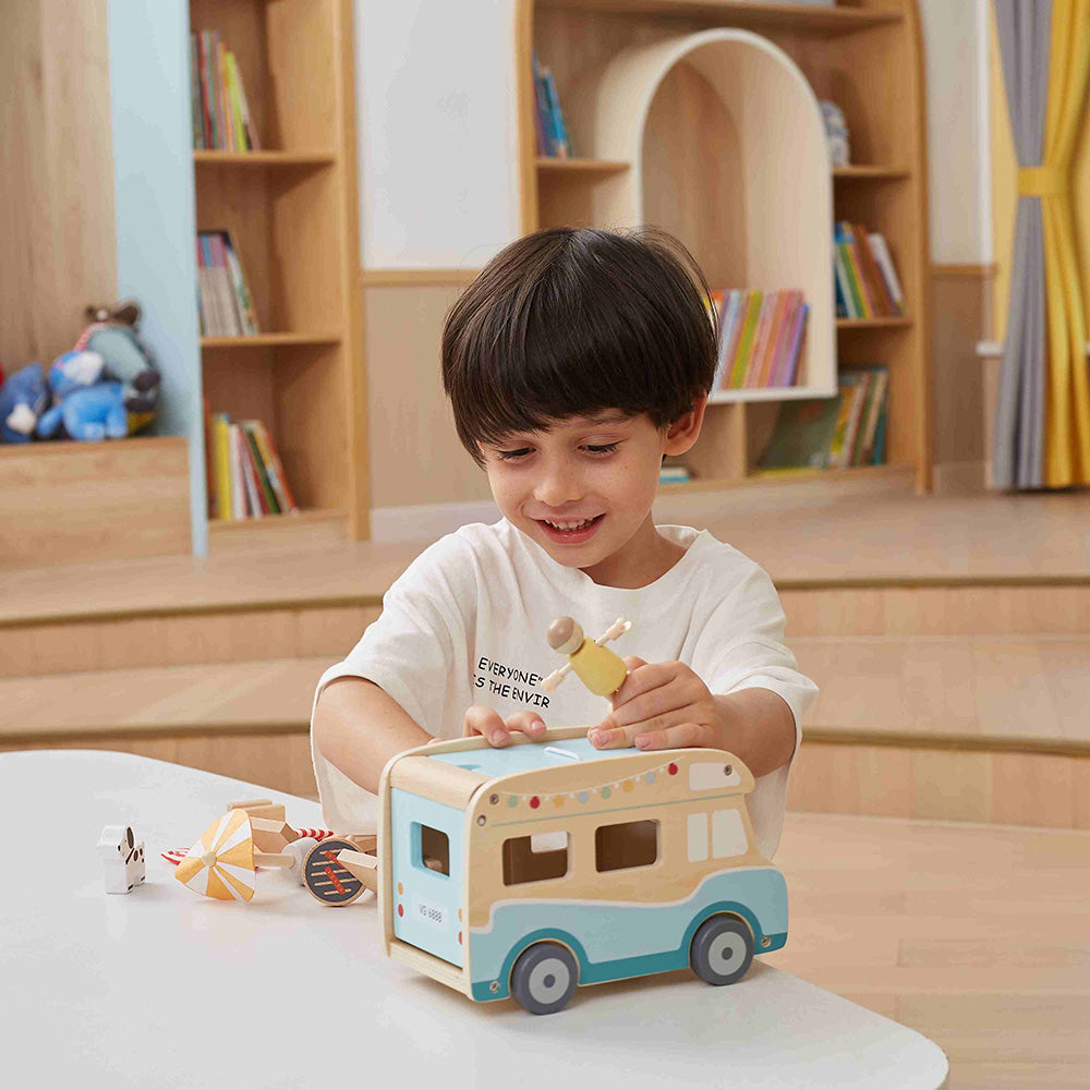 Viga Wooden Beach Camper Van Playset - 11-Piece Deluxe Summer Road Trip Set